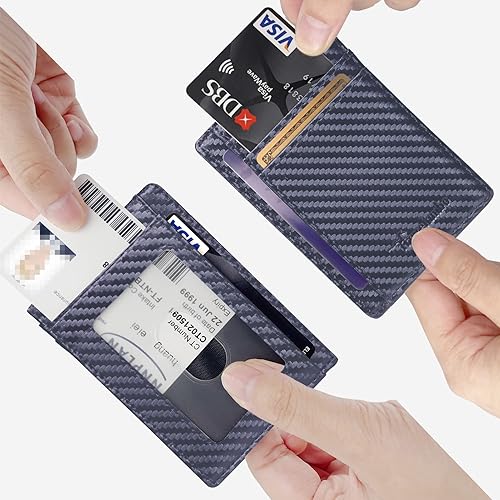 Miniatura 4 de Travelambo Cartera delgada de cuero minimalista con bolsillo frontal, bloqueo RFID, textura de fibra de carbono