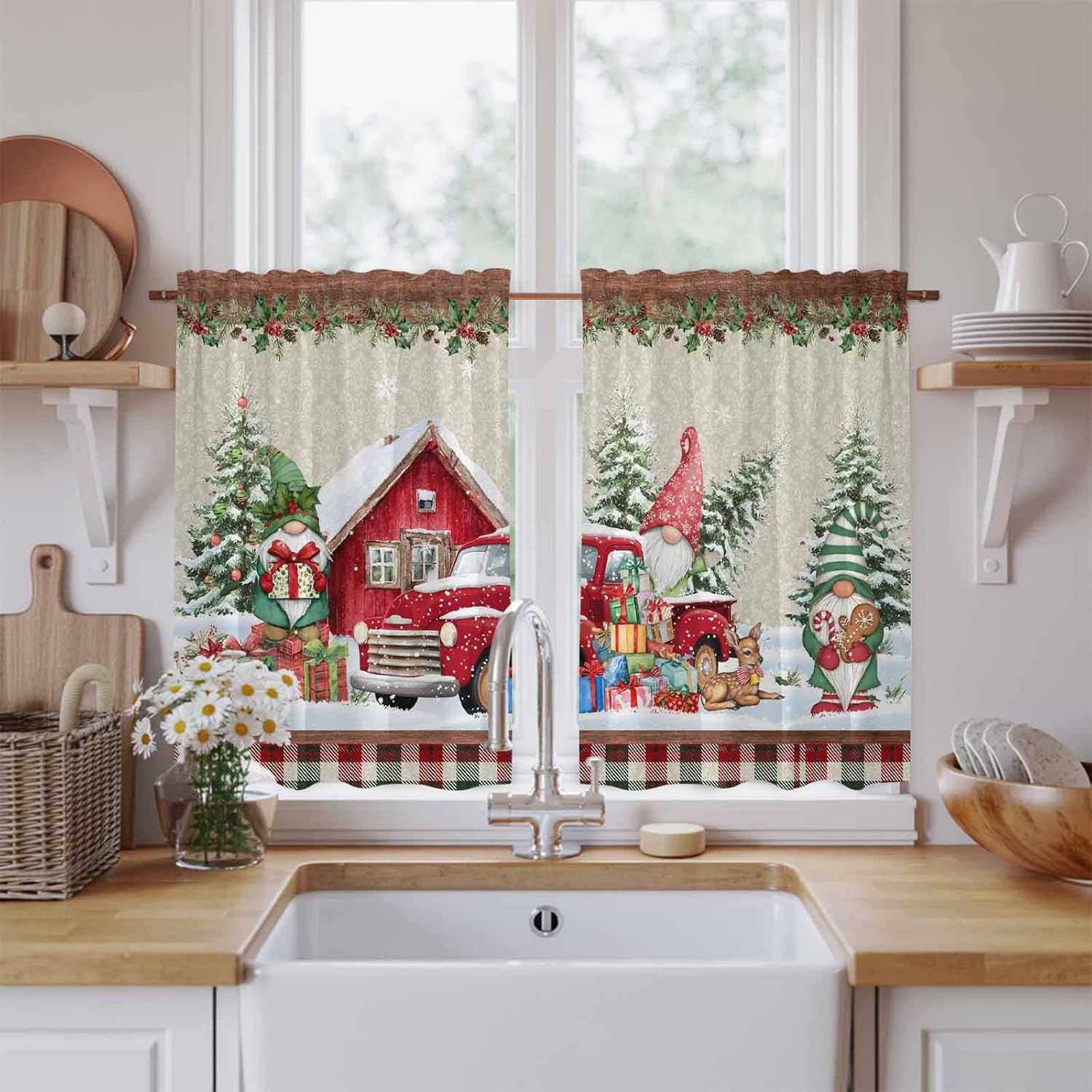 Beige Christmas Kitchen Tier Curtains 45 Inch Long 2 Panel Set,Rod Pocket Short Window Treatment,Gnomes Snowman Gifts Xmas Tree Ball Pastoral Curtains & Drapes for Bathroom Basement 27.5"W x 45"L