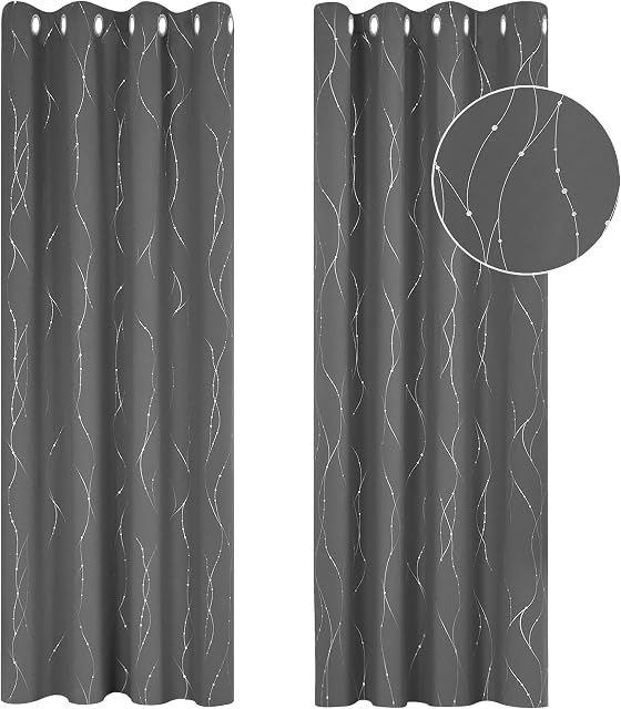 Deconovo Decorative Silver Dotted Line Foil Printed Light Greyout Curtains Thermal Insulated Curtains Eyelet Curtains for Baby Nursery with 66 x 72 Inch Light Grey Two Panels