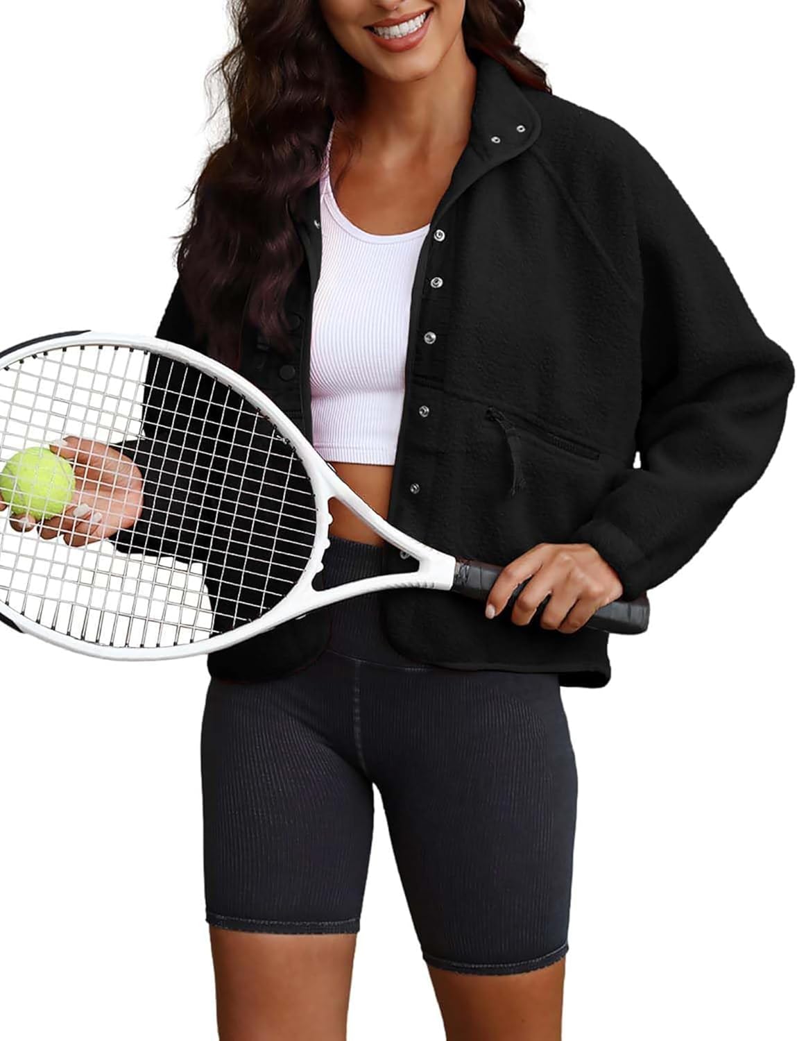 ReachMe Womens Sherpa Jacket Casual Lapel Button Down Cropped Fuzzy Fleece Jackets Long Sleeve Winter Coats with Pockets - Image 2