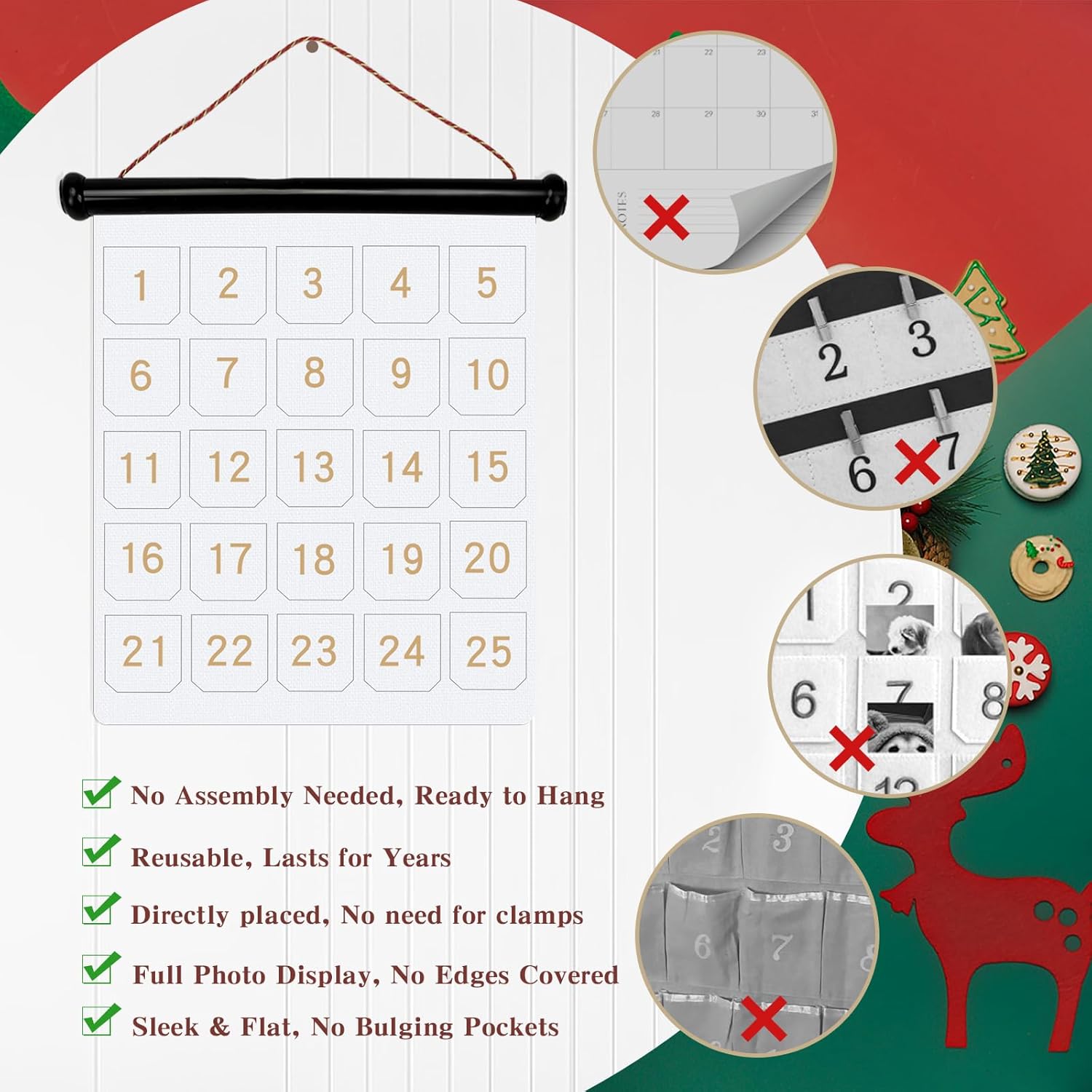 Christmas Photo Countdown Advent Calendar, Reusable Display for Wall, Home and Kitchen Seasonal Décor (Felt)
