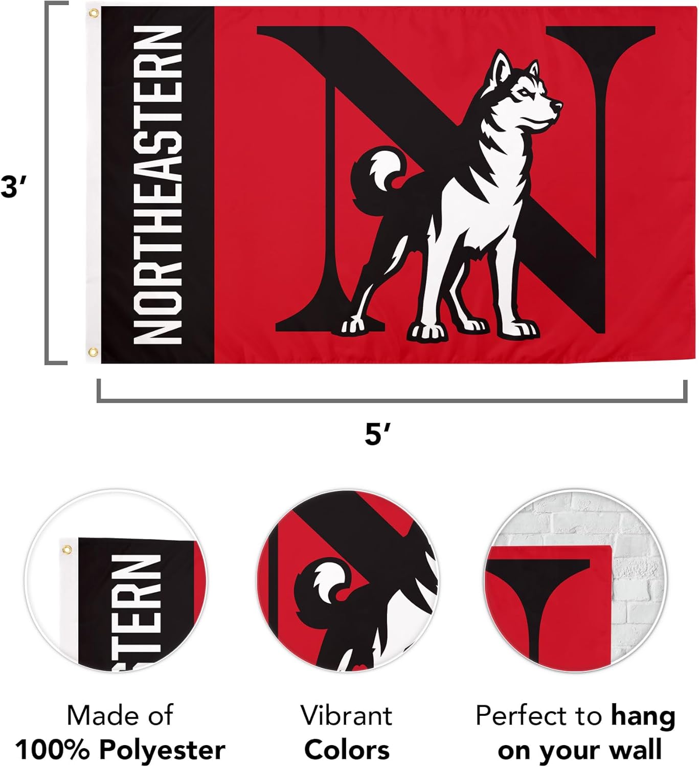 Desert Cactus Northeastern University NU Flag - 3 x 5 Feet Huskies Banner, Indoor/Outdoor Durable Fabric, 100% Polyester Design (Style B)