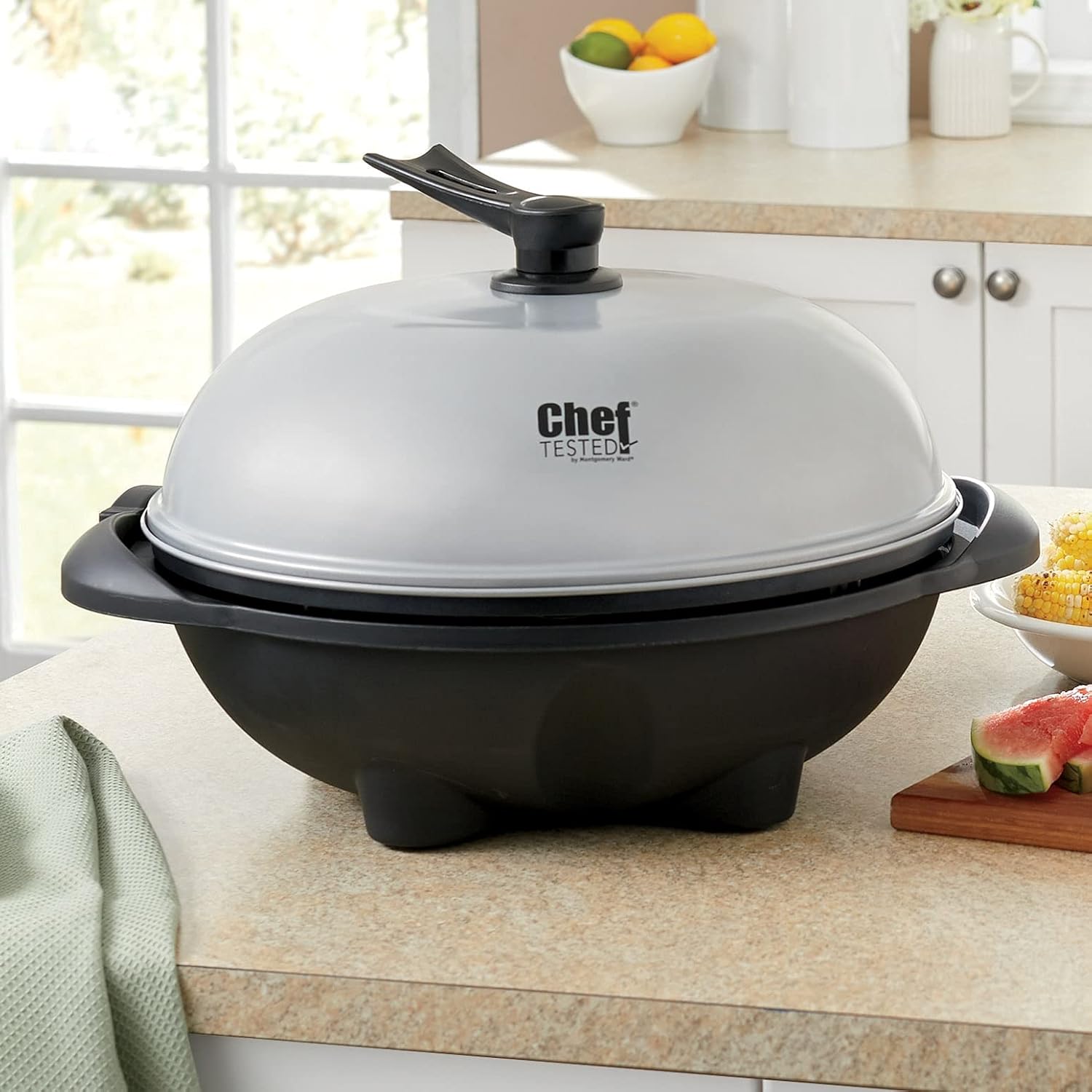 Montgomery Ward Chef Tested Electric Grill- Indoor/Outdoor, Removable Cast Aluminum Griddle, Temperature Control, Drip Tray, Warming Drawer, 1350 Watts, (Silver, 25W x 40.25H x 25D)