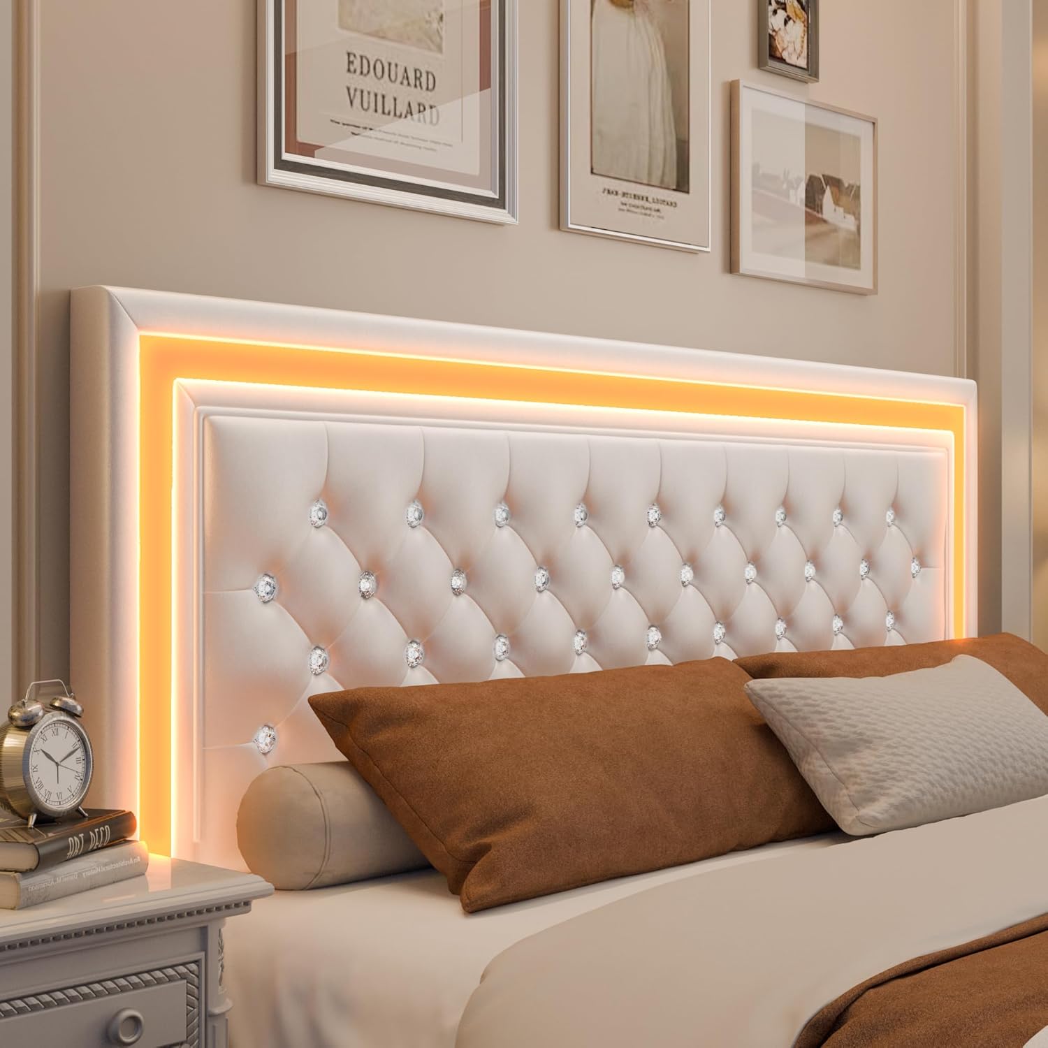 King LED Bed Frame, Upholstered Bed with 4 Drawers, Adjustable Upholstered Headboard Diamond Bed Frame, No Box Spring Needed, Wooden Slats Support, PU White