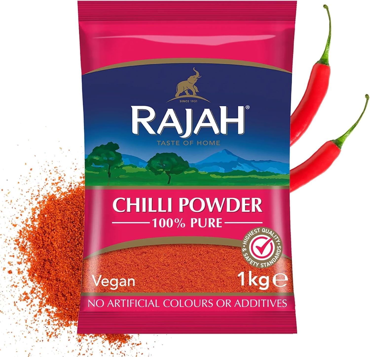 Rajah Chilli Powder 1 kg - Chilipulver für Würzige Gerichte, Premium Qualität, Glutenfrei, Indische Gewürze | Perfekt für Curry und Marinaden mit Kajal