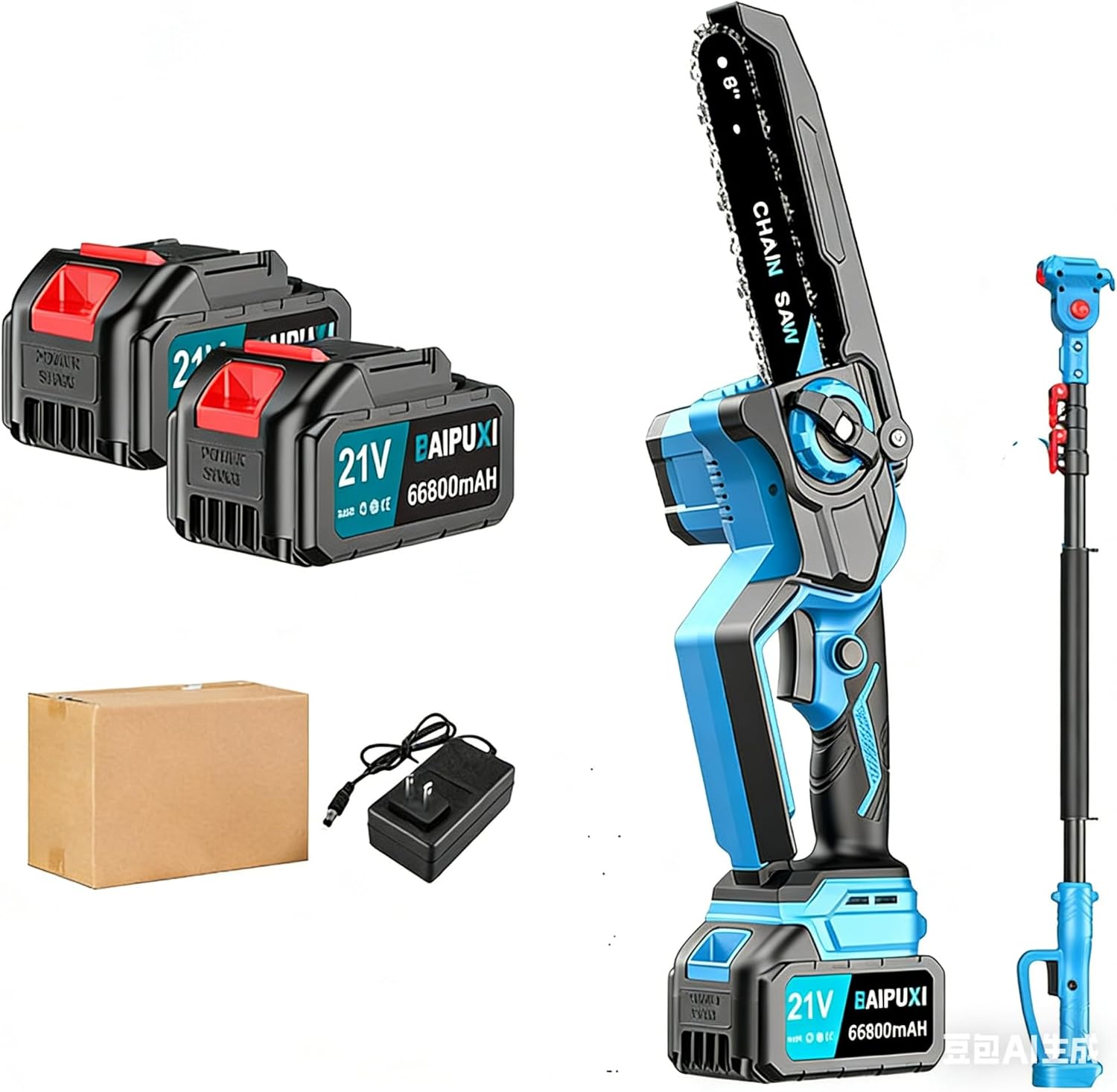 8-inch wireless pole saw chain saw,2 x 4000mAh rechargeable batteries,90 ° adjustable,automatic lubrication,used for tree pruning and cutting (Brushless lithium battery 8-inch two battery with pole)
