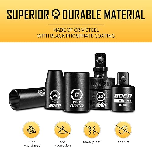 Miniatura 8 de BOEN Juego de llaves de impacto de 38 pulgadas, 59 piezas SAE estándar (516 a 34 pulgadas) y métricas (0.236-0.866 in), incluye 9 piezas E-Torx