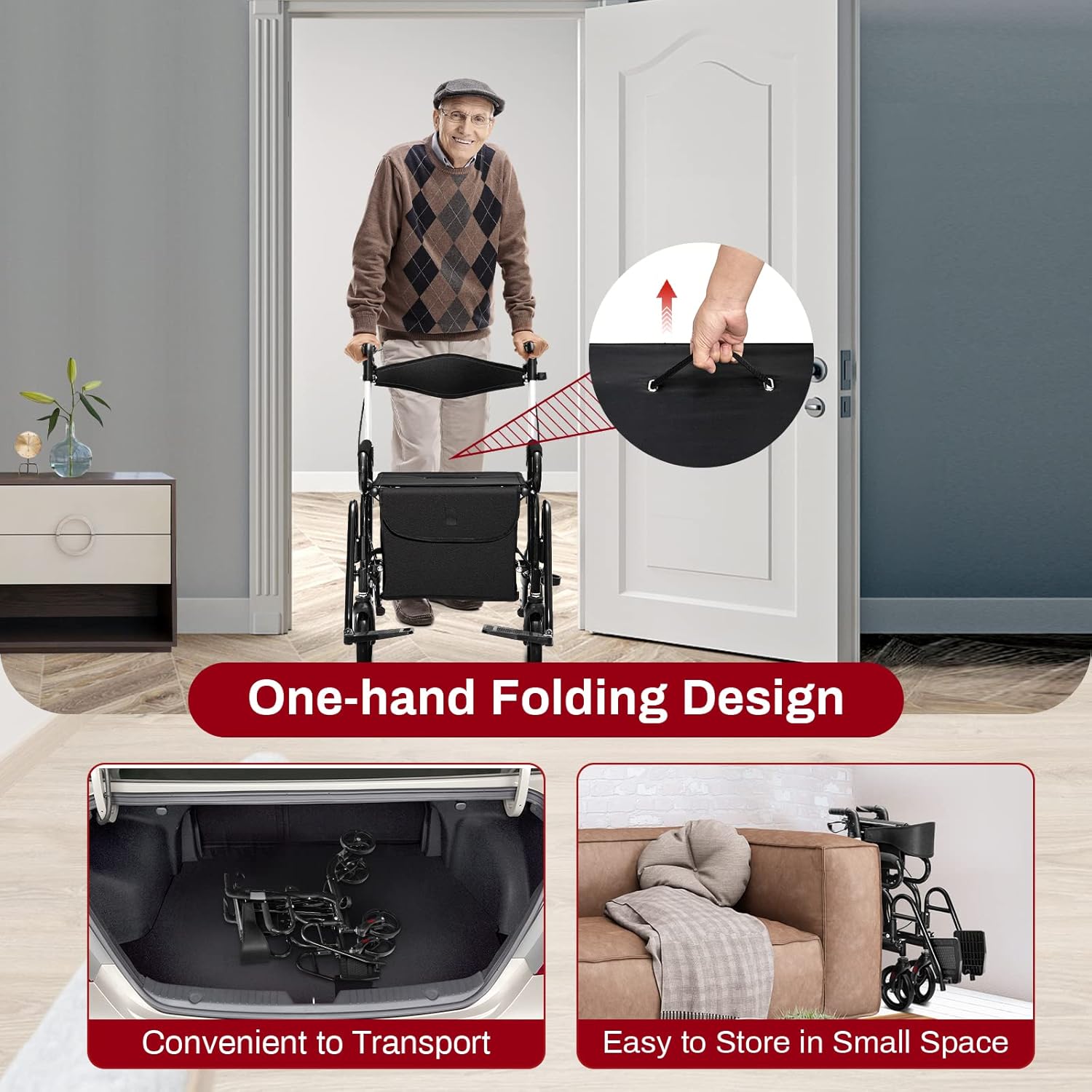 Image illustrating the one-hand folding design, showing a person lifting a handle on the seat to fold the rollator, and its compact size in a car trunk and stored next to a couch.