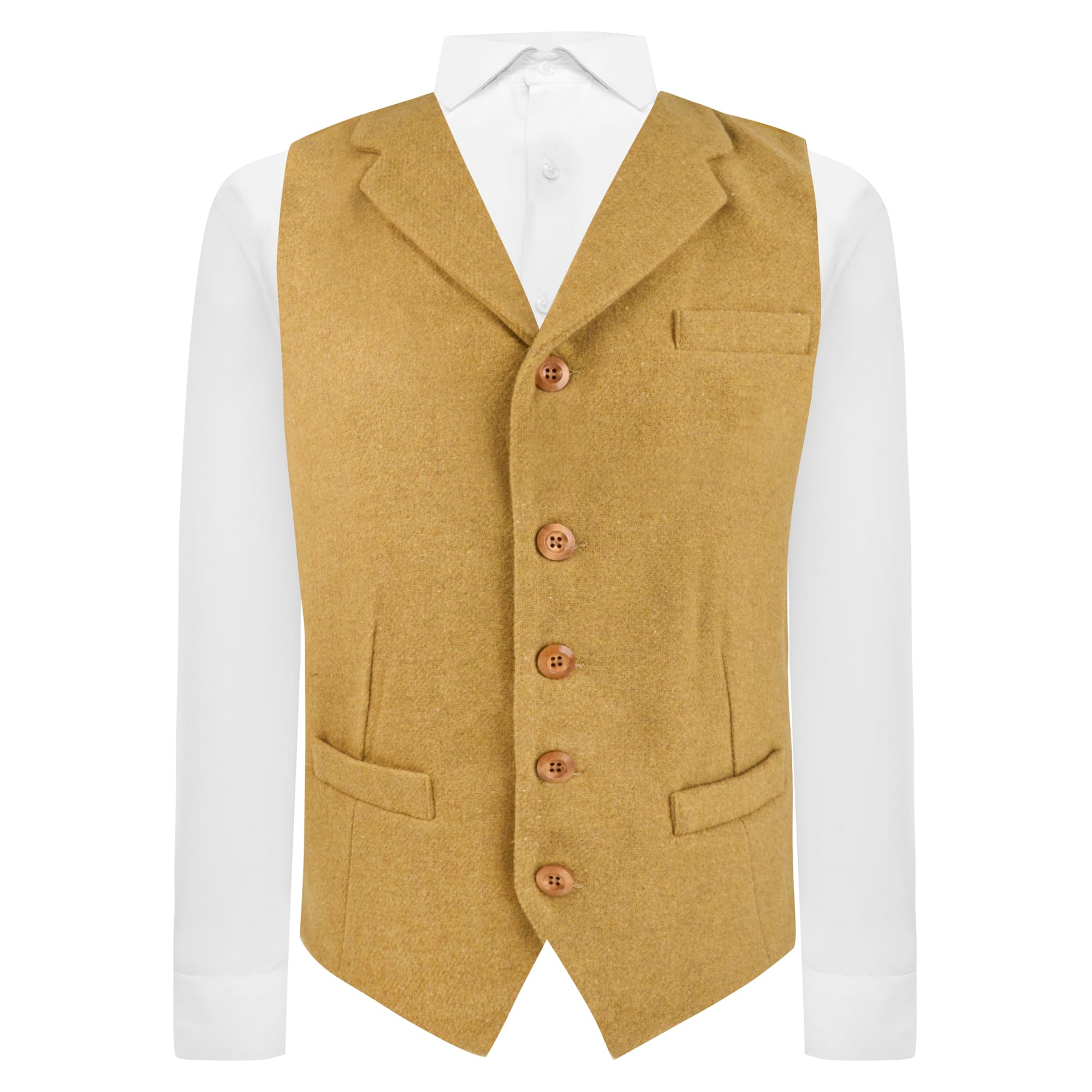 King & Priory Mustard Woven Wool Waistcoat with Lapel - L