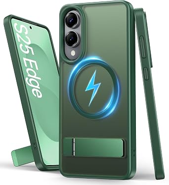 Magnetic for Samsung Galaxy S25 Edge Case, Built-in Stand & Compatible with MagSafe, Military-Grade Protective Durable Sturdy Matte Translucent Phone Case for Samsung S25 Edge 6.7" 2025, Green