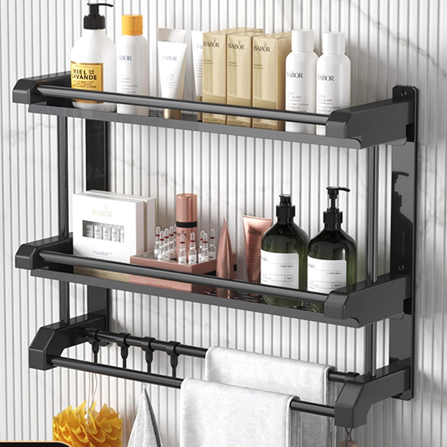 Bathroom Shelf with Towel Bar Towel Rack Towel Holder Wall Mount 40/50/60/70/80cm Towel Shelf 1/2/3 Tier Bathroom Shelves with 5 Hooks Adhesive Shower Organizer Stainless Steel No Drill Matte Black