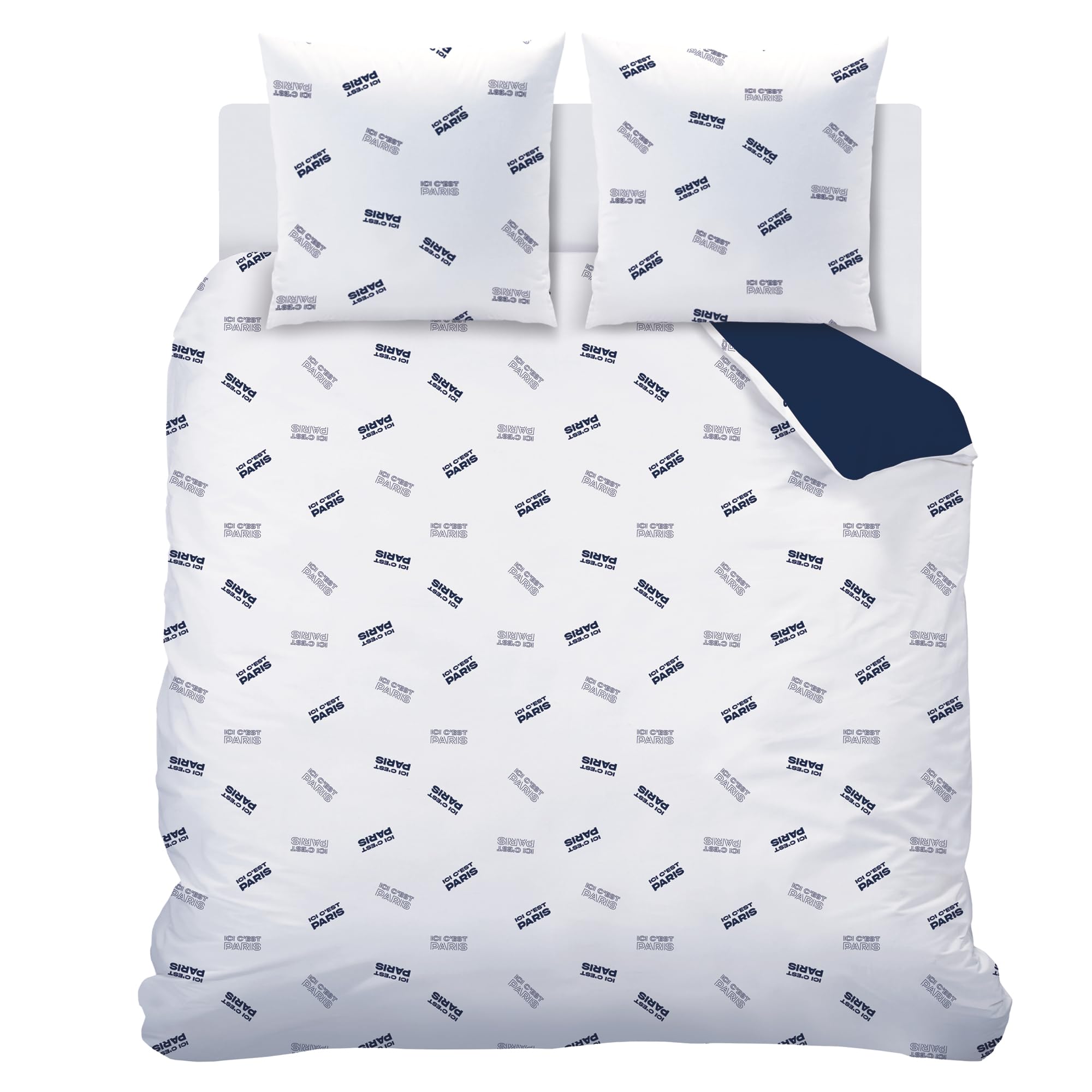 OMYDREAM PSG Devise Parure de lit | 100% Coton | Oeko-TEX | Housse de Couette 240x220cm + 2 Taies d'oreiller 63x63cm | Imprimé Garçon | Bleu