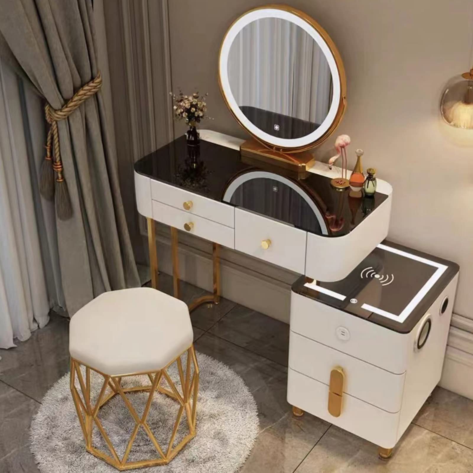 asdchZen Stylish Vanity Table With Usb Charging, 360°Swivel Mirror, Spacious Drawers, Elegant Dressing Desk For Girls & Women-Gray C, 120Cm/47.2In,White a-120cm/47.2in