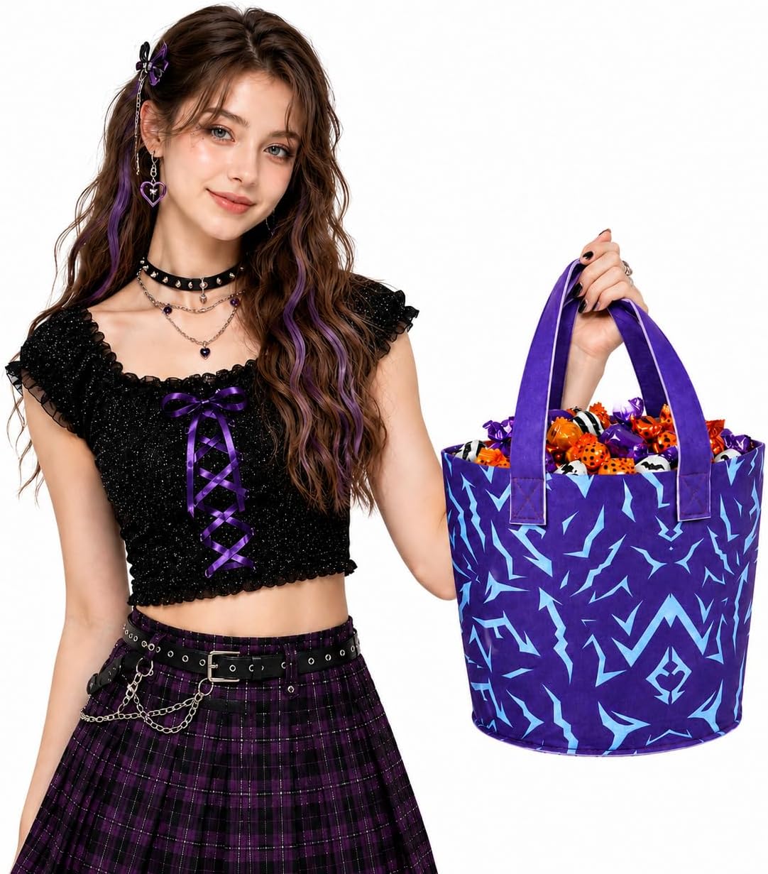Halloween Trick or Treat Bucket - Purple Lightning Pattern Candy Tote Bag