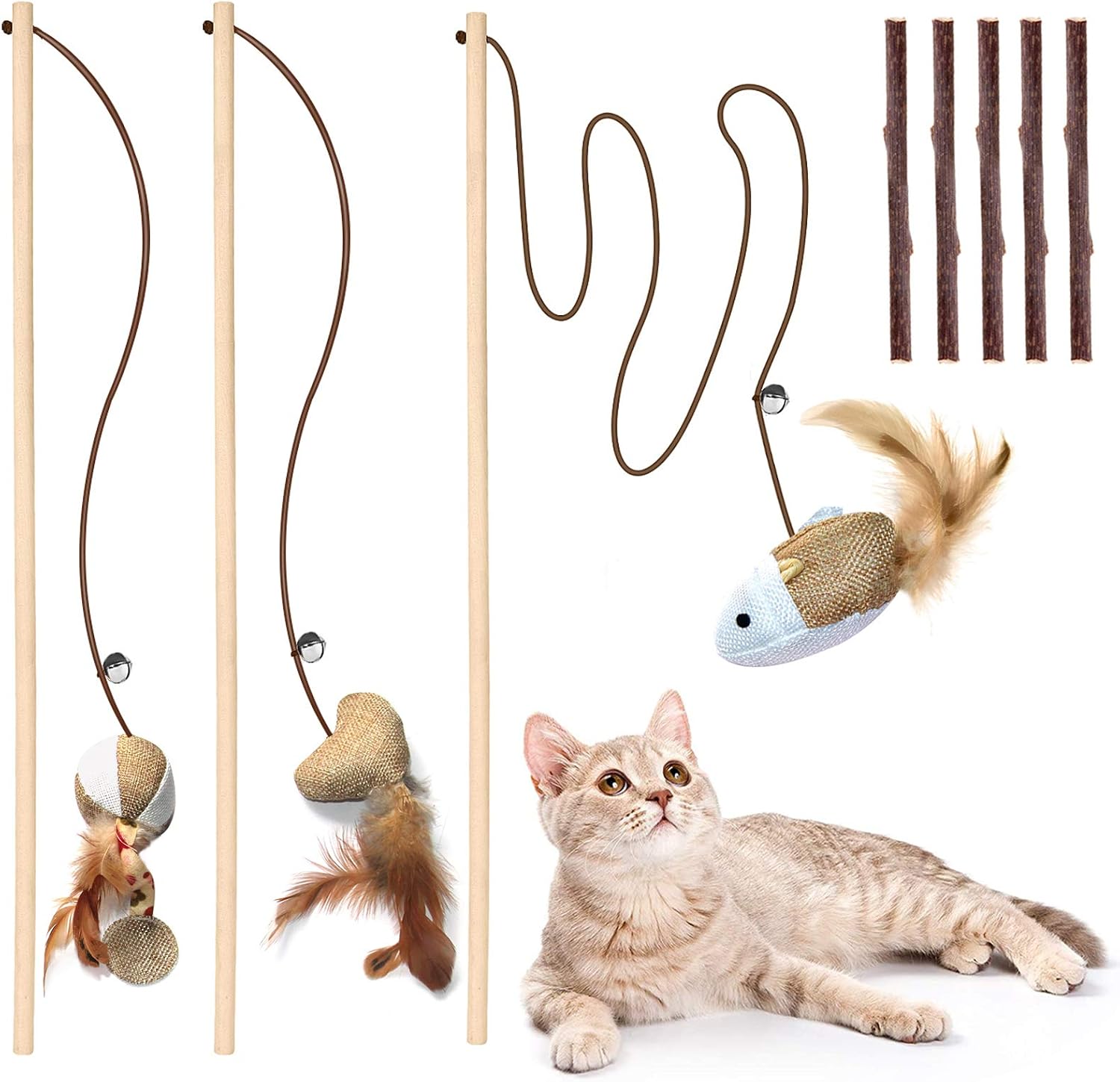 Cat Toys for Indoor Cats, 3pcs 16 Inch Natural Wood Cat Teaser Wand Toy with Teaser Refills for Cat Kitten Having Fun Exerciser Playing,…
