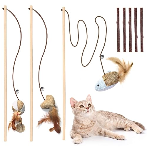 Natural Wood Cat Teaser Wand Toy, 3pcs 16 Inch, Catnip Sticks for Teeth Cleaning, Indoor Cat Exerciser - Linen