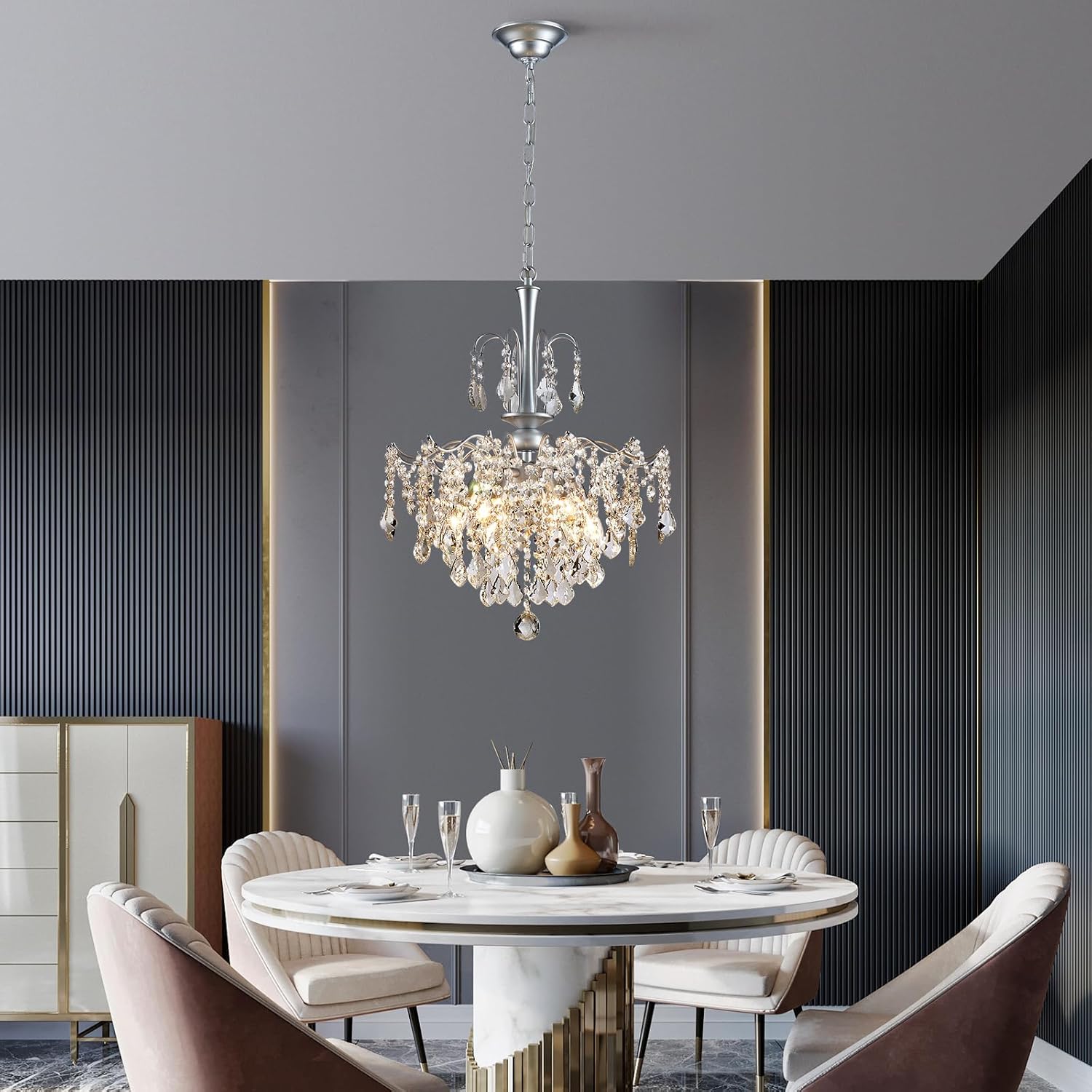 Modern Crystal Chandelier, Chrome Candle Chandeliers for Dining Room Lighting Fixtures Hanging, Kitchen Ceiling Hanging Pendant Light for Bedroom Living Room Kitchen Island Hallway