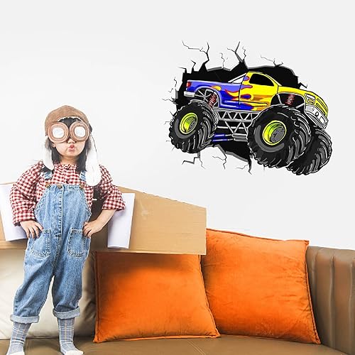 Miniatura 8 de PLIGREAT Calcomanías de pared grandes de camión monstruo, calcomanías de pared de vinilo removible 3D agrietado para adolescentes, sala de juegos,