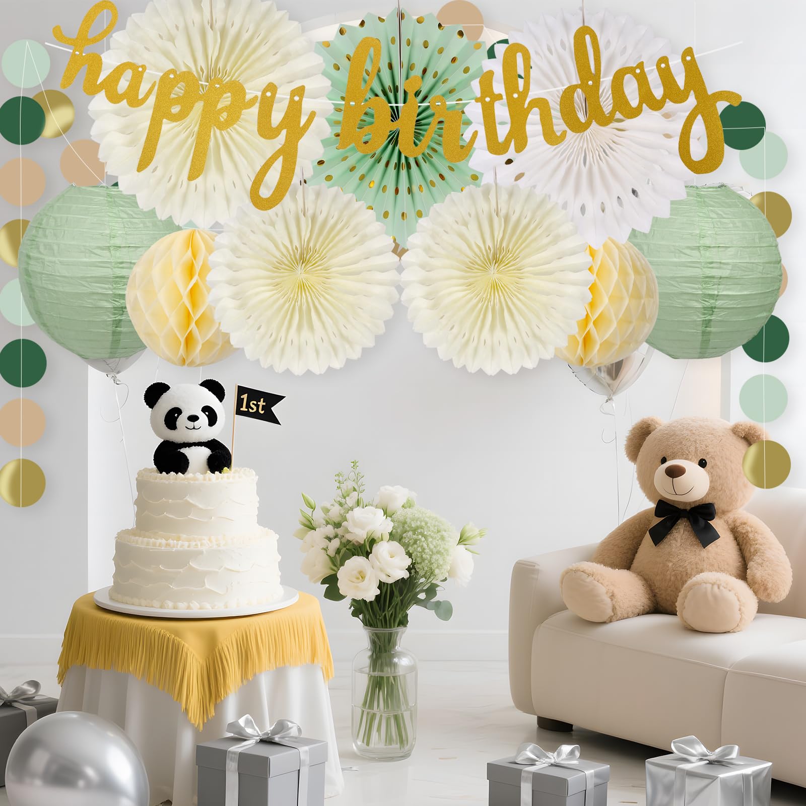 Paper Decorations for Party Happy Bithday Banner for Any Age Paper Fan Flower Decorations White Gold Green Beige Paper Pom Poms - Image 4