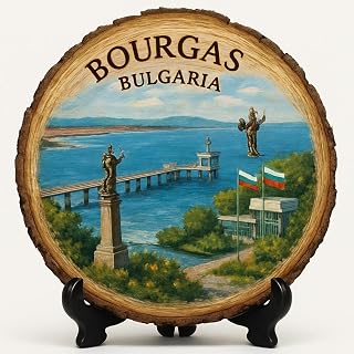 Bourgas Souvenir Gift – Wood Slice Plaque for Wall or Table, Bulgaria (България) Souvenir Gift for Tourists, Plate Collectors & Travel Lovers, Seaside Charm Decorative Gift