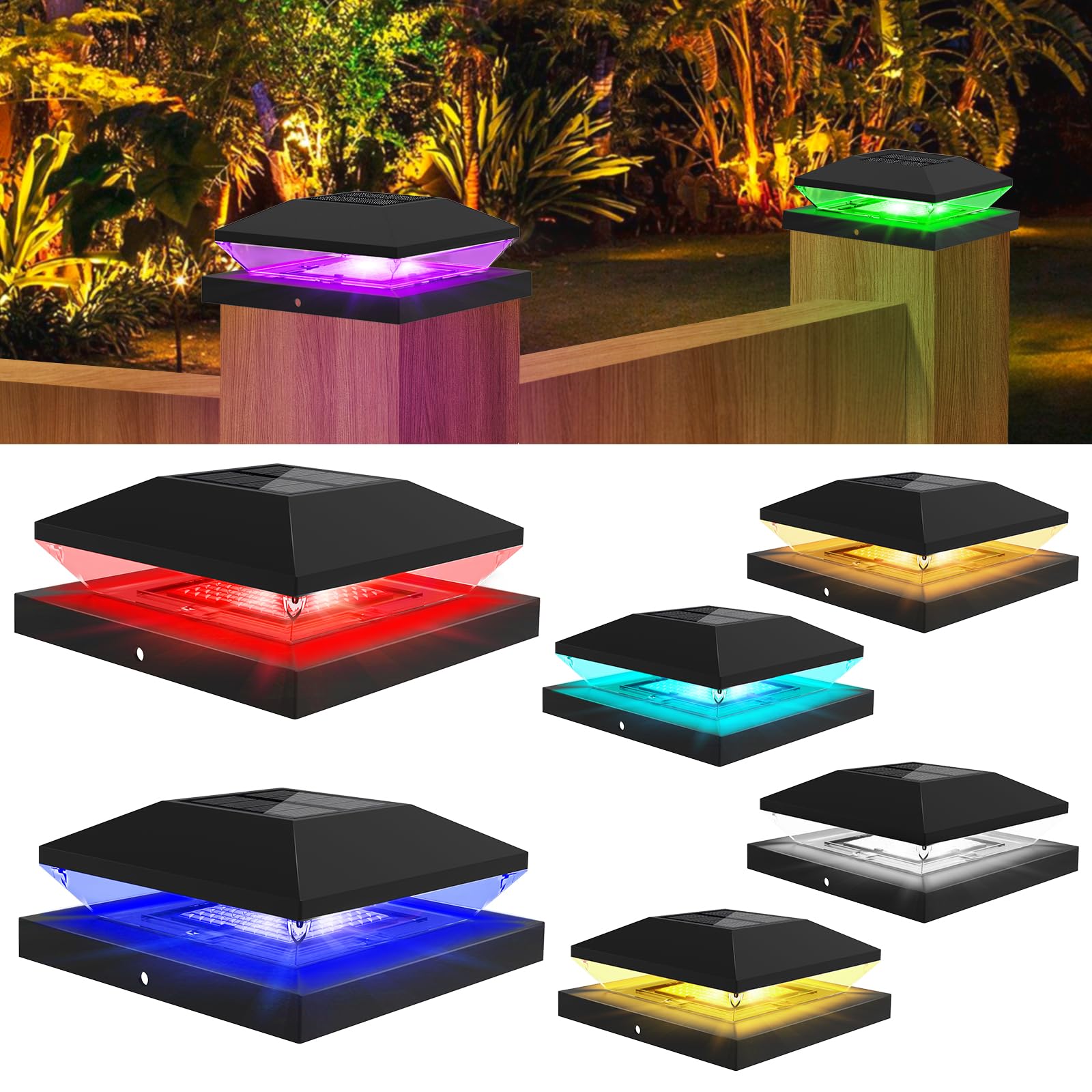 T-SUNUS Pfostenleuchte Solar RGB, Pfostenkappen Solar mit LED IP65 Wasserdicht Pfostenlampen für Zaunpfosten 8 Farben für Hölzerne Zaun Plattform 6 Stück