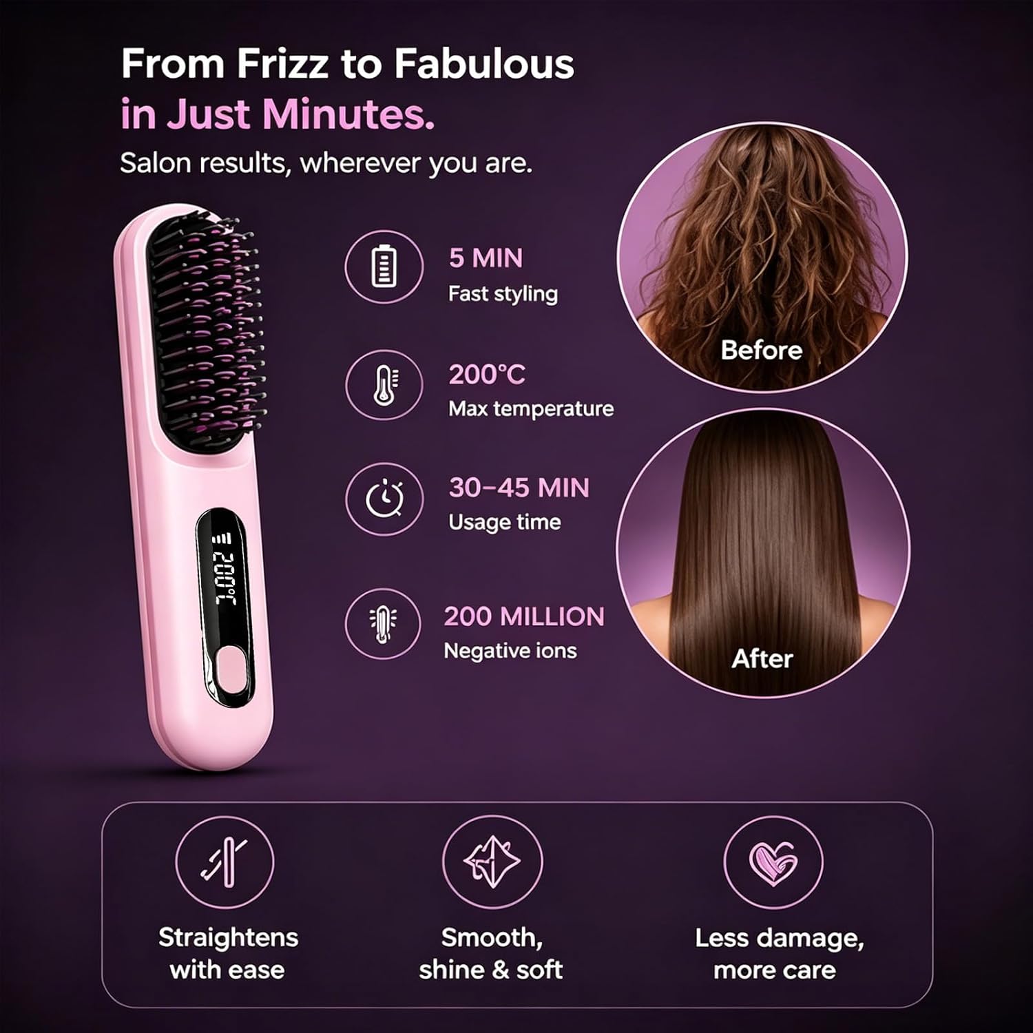 for Short Hair, Flown Cordless Hair Straightener Brush, 3 Temperature Settings, with MCH Heating & LED Display