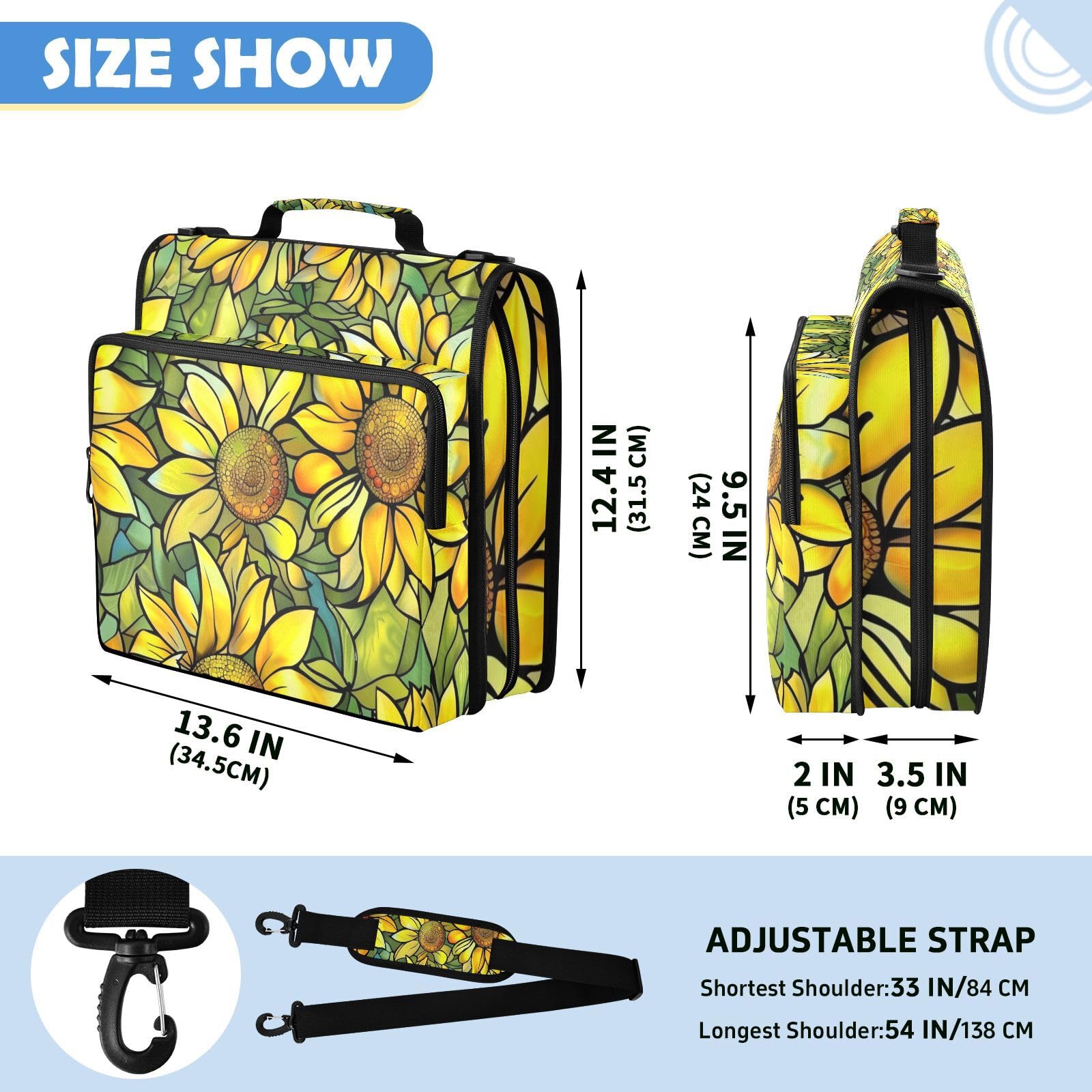 Ringbuchtasche mit 3 Ringen, Sonnenblumen-Motiv, Buntglas-Druck