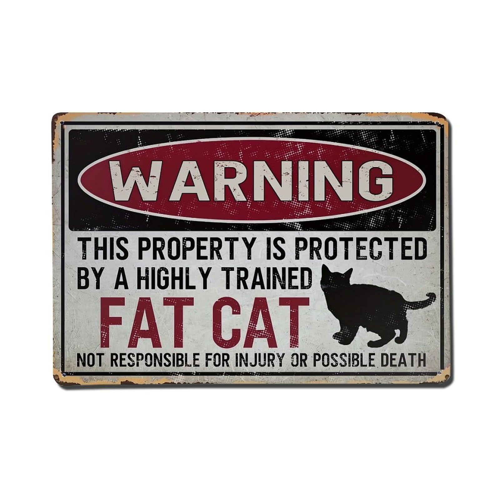 Warning Sign Fat Cat Protection Tin Sign Metal Poster Vintage Metal Signs for Home Man Cave Bar Cafe Kitchen laundry room Wall Decorations Gift 8x12Inch