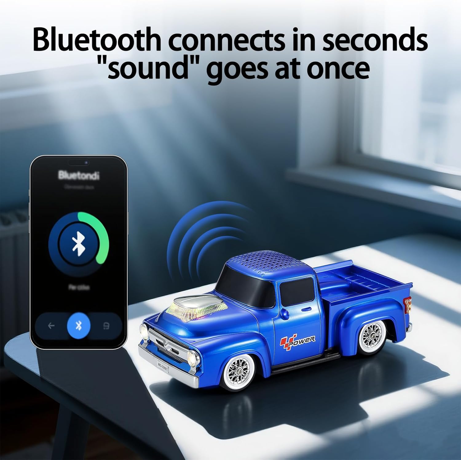 WSTER WS-538 Retro Pickup Truck Bluetooth Replica Speaker – Portable Wireless Car Model Speaker with FM, TWS, LED Party Lights, USB/TF Playback, Built-in Microphone, Type-C, Surprise Gift(Blue)