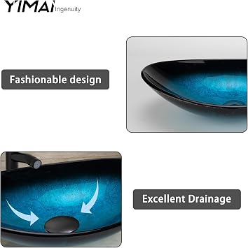 YIMAI Blue Oval Vessel Sink, 18.5 x 11.8 Glass Artistic Bathroom Countertop Basin with Gradient Pattern, Tempered Glass Above Counter Sink Bowl, Modern Finish