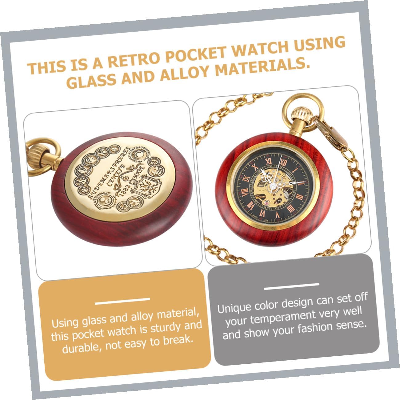 Vintage Mechanical Pocket Watch with Chain, Antique Hanging Pocket Watch for Elderly Men, Copper Wood Grain Roman Numeral Design, Vintage Steampunk Style for Daily Wear