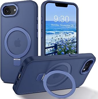 Magnetic Case for iPhone 16e with Stand Foldable Ring Holder Metal Kickstand [Compatible with Magsafe], Matte Slim Transluscent Protective Phone Cover for iPhone 16e SE4 2025 6.1, Blue