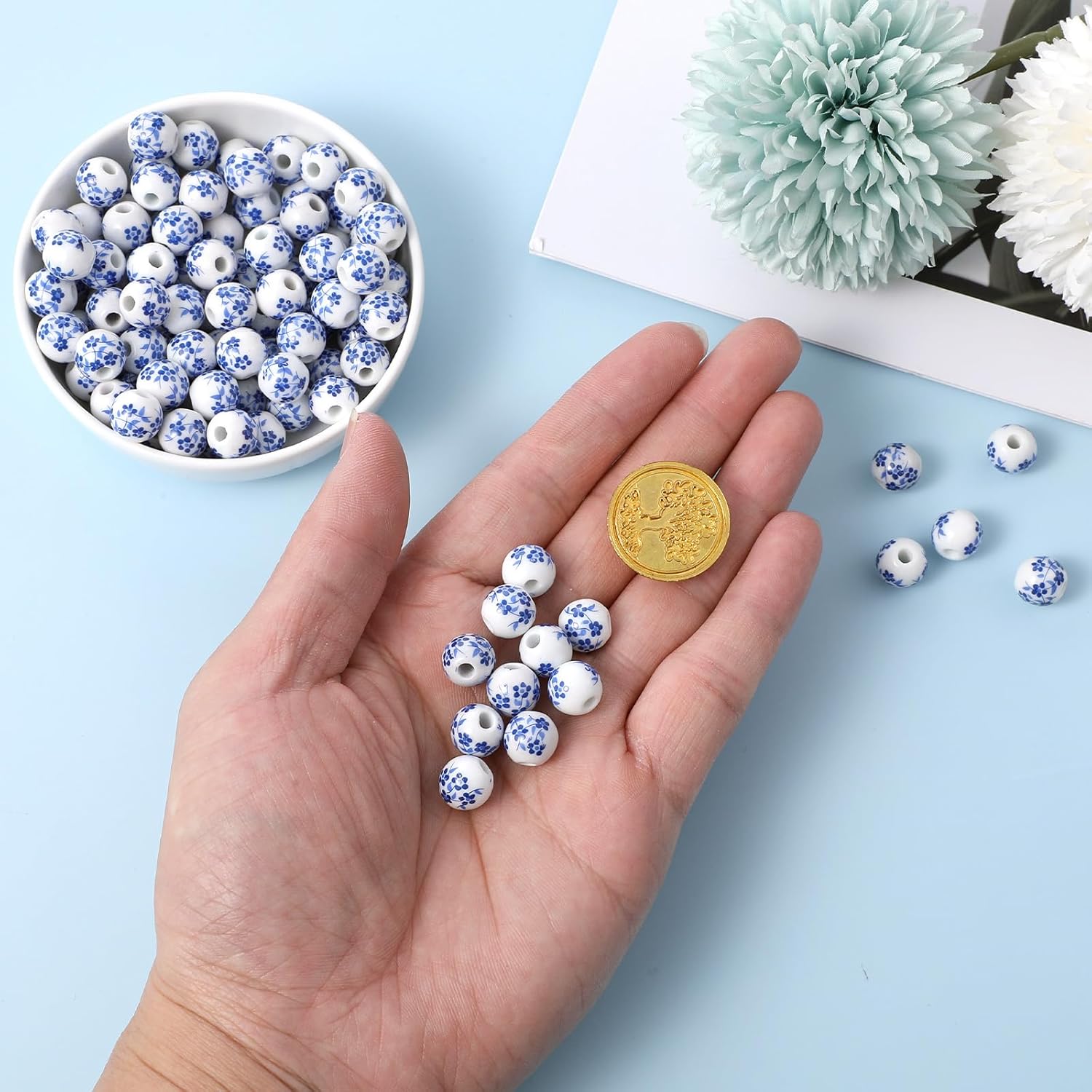 100Pcs Ceramic Beads for Jewelry Making,10mm Porcelain Beads - Handmade Round Blue and White Porcelain Spacer Bead for Bracelets,Necklaces - Image 6