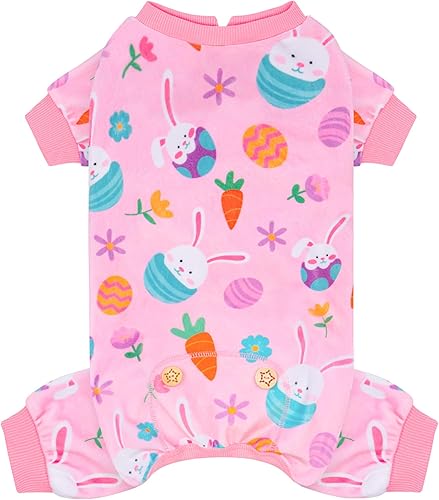 KYEESE Easter Dog Pajamas, Soft Dog Pajamas for Small Dogs Girl, Stretchy Dogs Pjs Velvet Pet Jumpsuit with Eggs & Bunny Pattern, Comfy Lightweight