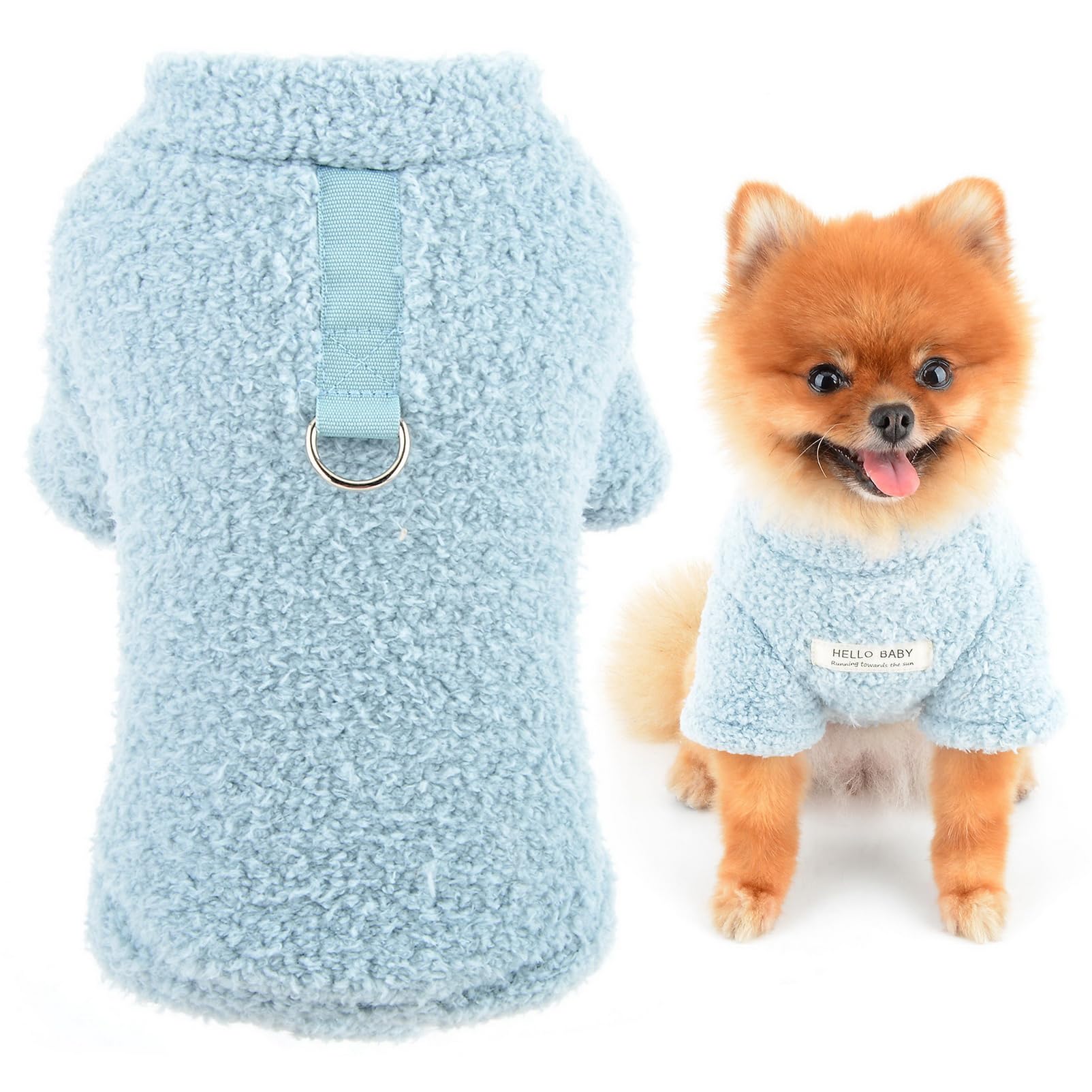 SMALLLEE_LUCKY_STORE Dog Fleece Jumpers for Small Dogs, Solid Pet Pullover Sweatshirt with Letter Patch and D-ring, Puppy Outfits Yorkie Chihuahua Warm Sweater Winter Fall Clothes, Blue, S