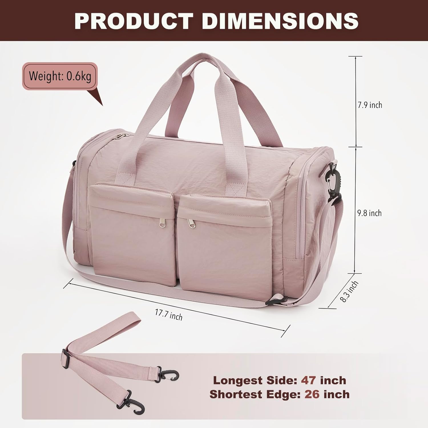 Travel Duffle Bag, Gym Bag for Women with Shoes Compartment, Weekender Overnight Duffel Bag with Wet Pocket for Traveling, Sport, Vacation (Pink) - Image 5