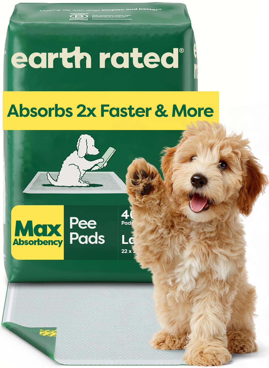 Earth Rated Max Absorbency Puppy Pee Pads for Dogs Absorbs 2X Faster & 2X More, Leak-Proof Odor-Free Potty Training Wee Wee Pad, Unscented, Large, 22” x 23”, 40 Count