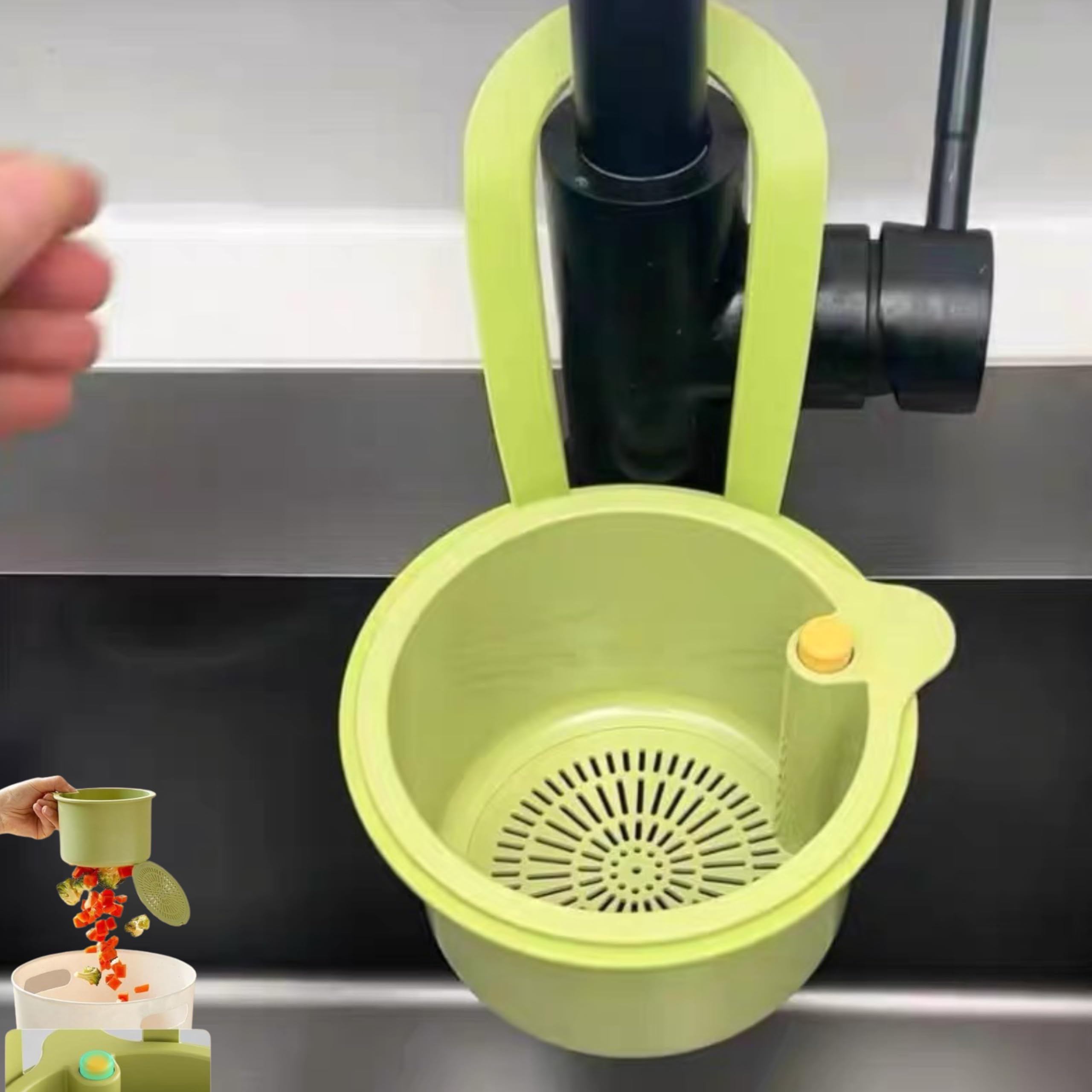 yanxiao Sink Strainer Basket - Multifunction Hanging Sink Colander Drain Basket, Upgrade Quick Draining Kitchen Tool with Bottom Release for Mess-Free Hands-Free Cleanup (Green)-image-11