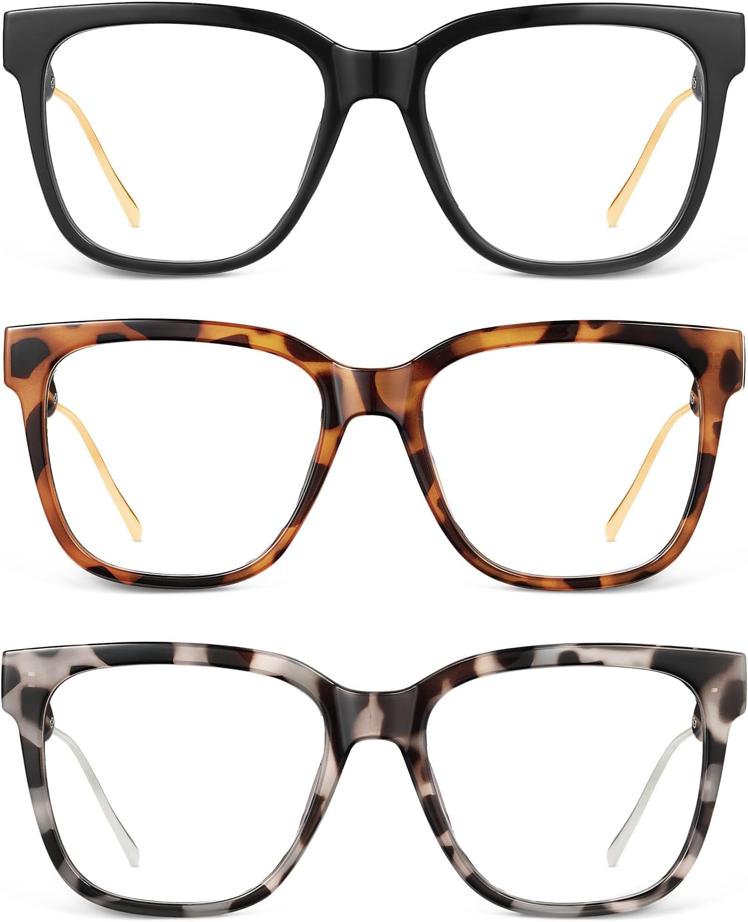 Oversized Reading Glasses Women - 3 Pack Large Square Blue Light Blocking Readers Glass for Ladies Men/W Spring Hinge