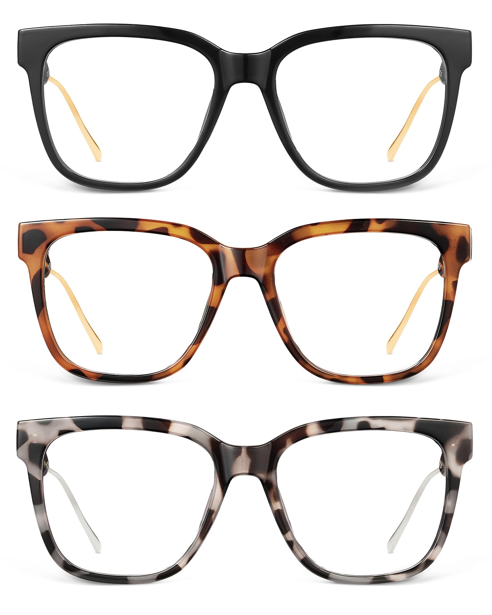 JM Oversized Reading Glasses Women - 3 Pack Large Square Blue Light Blocking Readers Glass for Ladies Men/W Spring Hinge +1.0