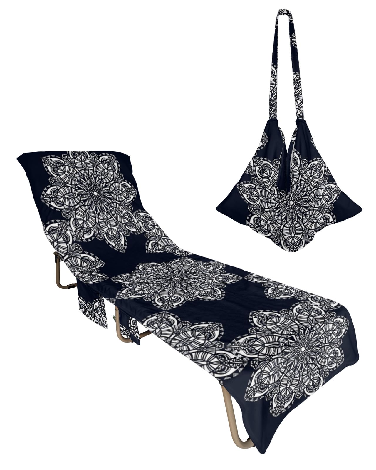 Abstract Mandala, Beach Lounge Chair Towel Cover, Soft Chaise Lounge Towel with Side Pockets Patio Pool Chairs Cover for Beach/Pool Sunbathing 29x85 Geometric Indian Bohemian Stripes