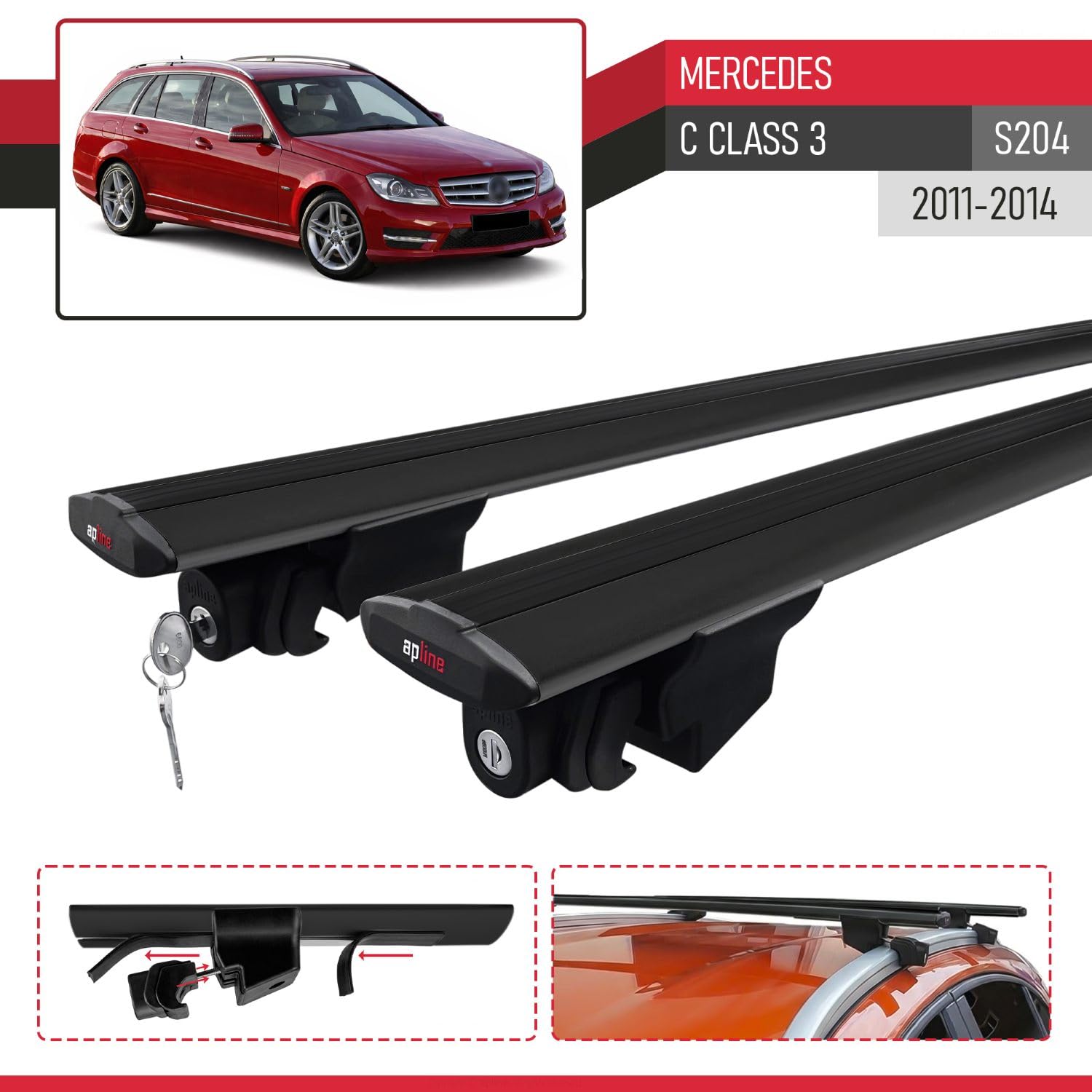 Kompatybilny z Mercedes C Class 3 (S204) Post-Facelift 2011-2014 HOOK Model Aluminiowe poprzeczki dachowe Czarny 2 szt.