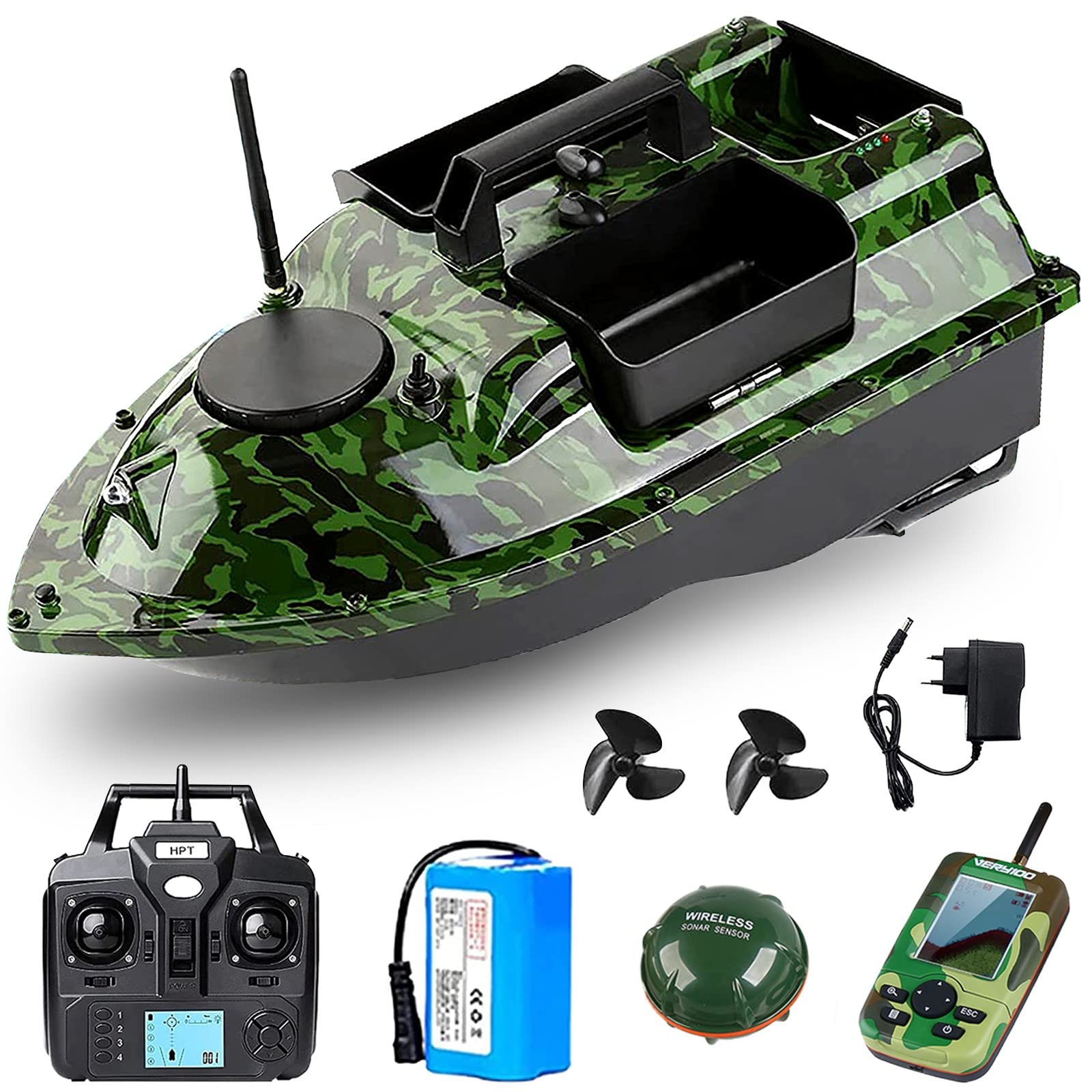 Barco Cebador Pesca Inteligente, Posicionamiento GPS, 500m Barco de Cebo teledirigidos de Pesca con 3 contenedores de Cebo y localizador de Peces, Carga máxima 2kg