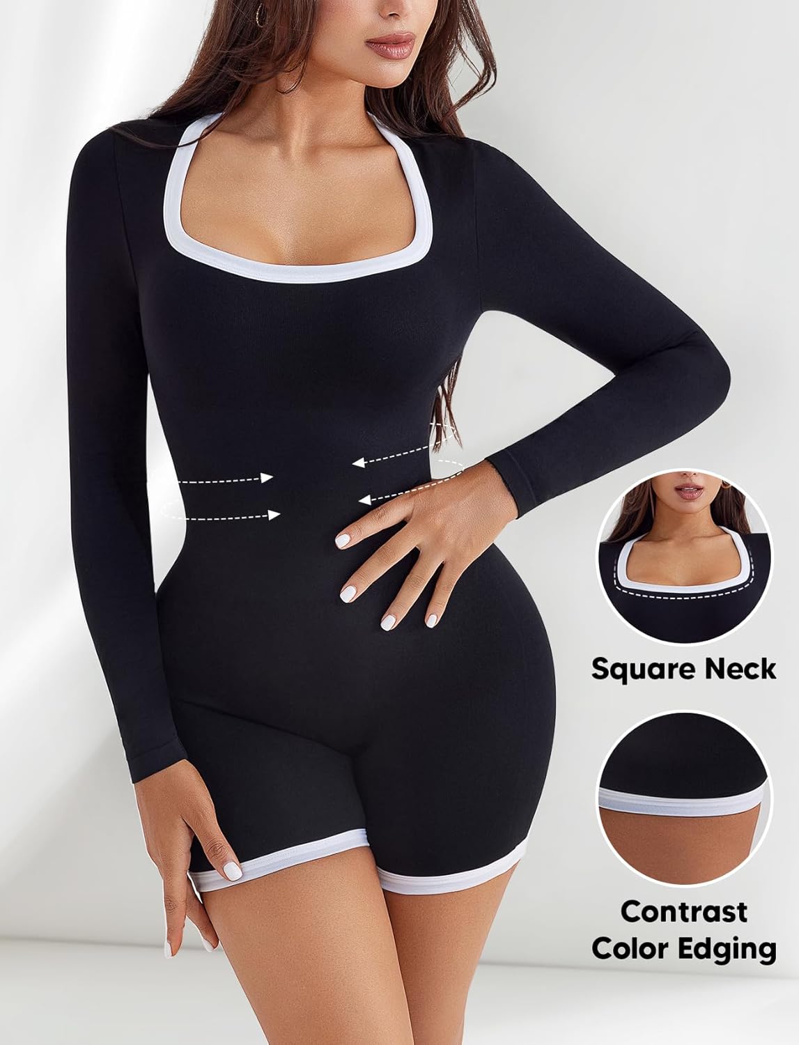 Women's Casual Long Sleeve Fitted Square Neck Workout Daily One Piece Short Jumpsuit Color Block - Image 3