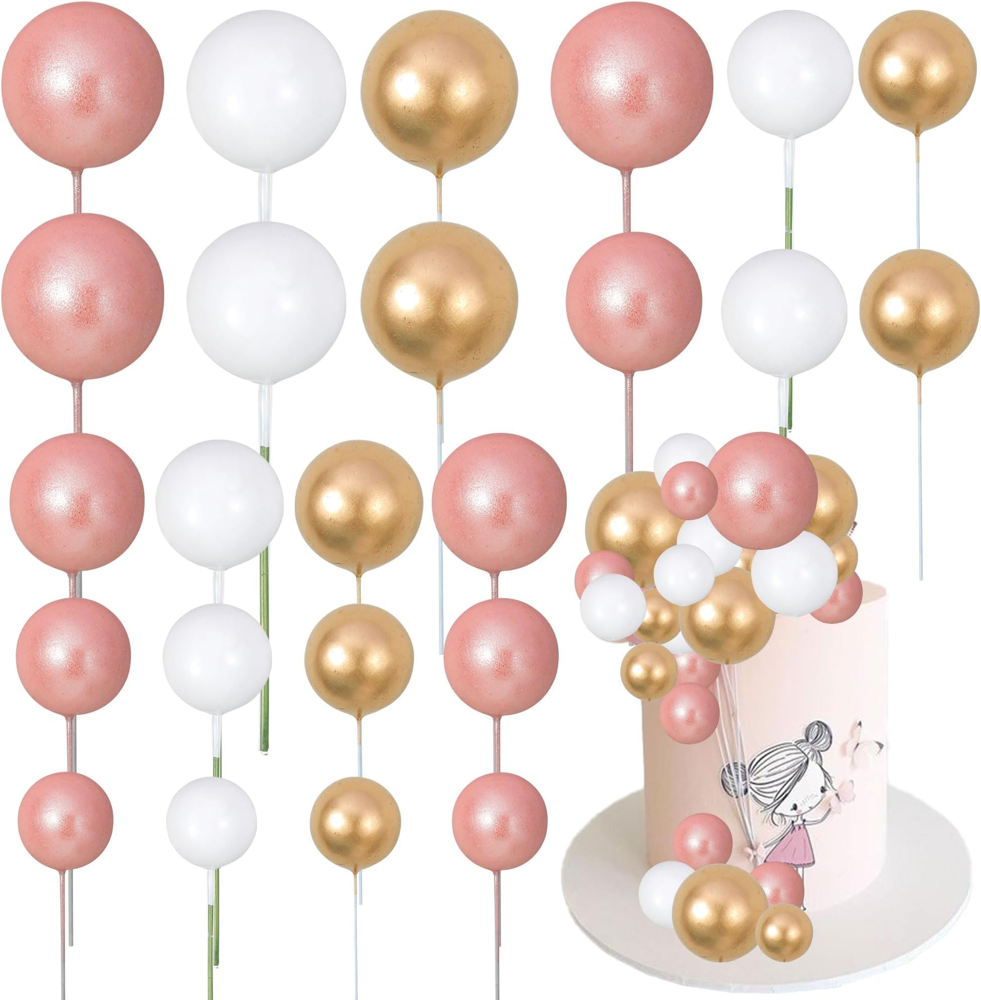 Gyufise 30Pcs Balls Cake Topper Mini Balloons Cake Toppers Foam Ball Cake Decorations Balloon Cake Topper Ball Shaped Cake Insert Topper for Birthday Party Baby Shower Decor Rose Gold White Gold