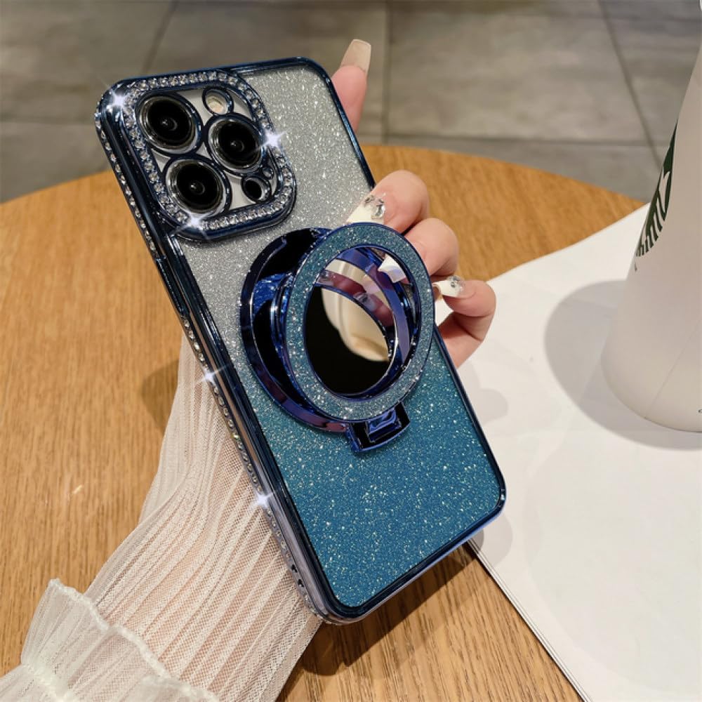 Coque magnétique iPhone 15 diamant luxe avec miroir intégré et placage souple - 8