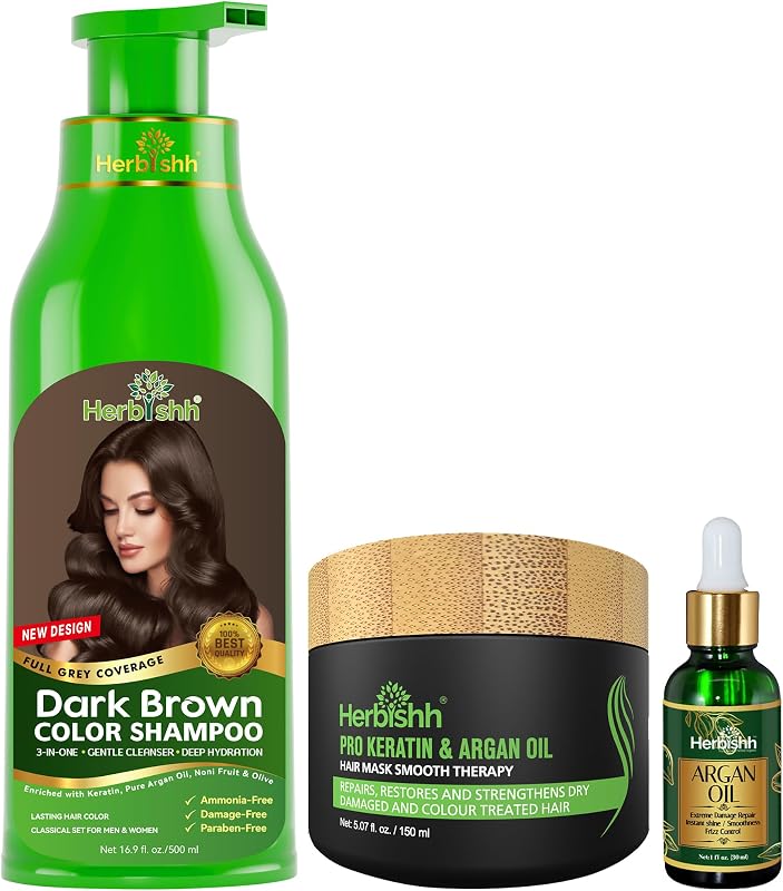 Herbishh Dark Brown Color Shampoo 500ml, Hair Mask 150ml, Argan Oil 30ml | Complete Hair Care Combo with Gray Hair Coverage, Argan Mask for Damaged Hair & Lightweight Keratin Oil for Nourishmment