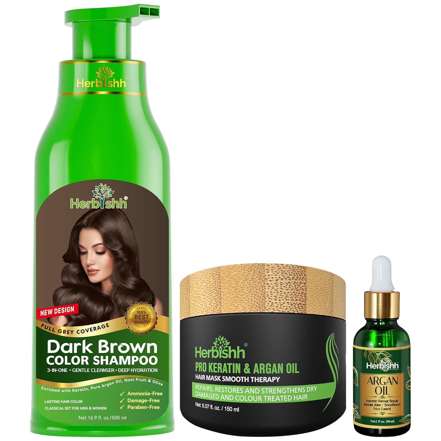 Herbishh After Color Shampoo Combo Contains Hair Color Shampoo Hair Dye 500ml Argan Oil 30ml Pro Keratin And Argan Hair Mask 150 ml For Hair Shine And Protection For Men And Women (Dark Brown)