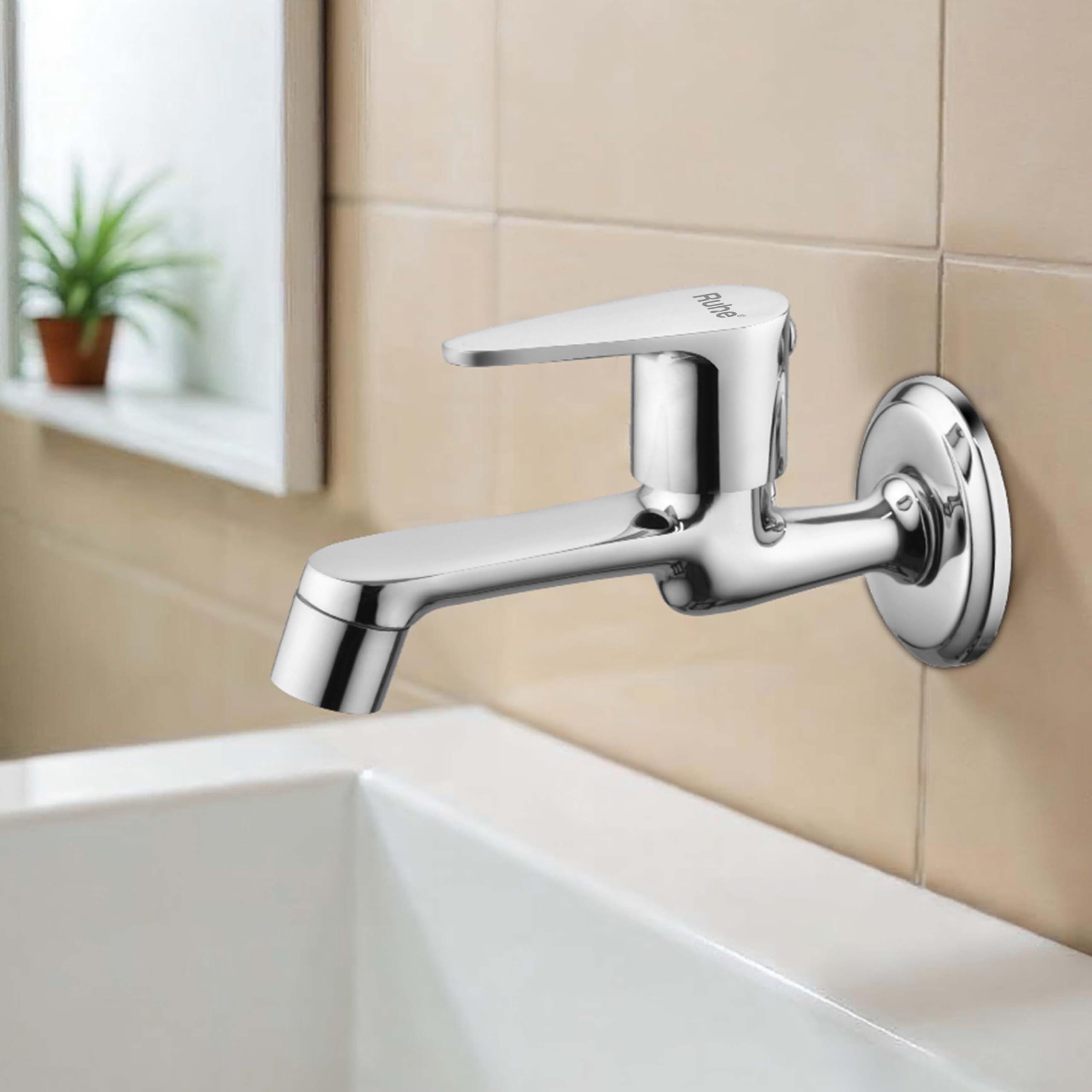 Ruhe® Liva Bib Cock Long Body Brass Faucet | Wall Mounted Bib Tap for Bathrooms, Washing Areas, Gardens | Faucet with Chrome Finish | Brass Tap