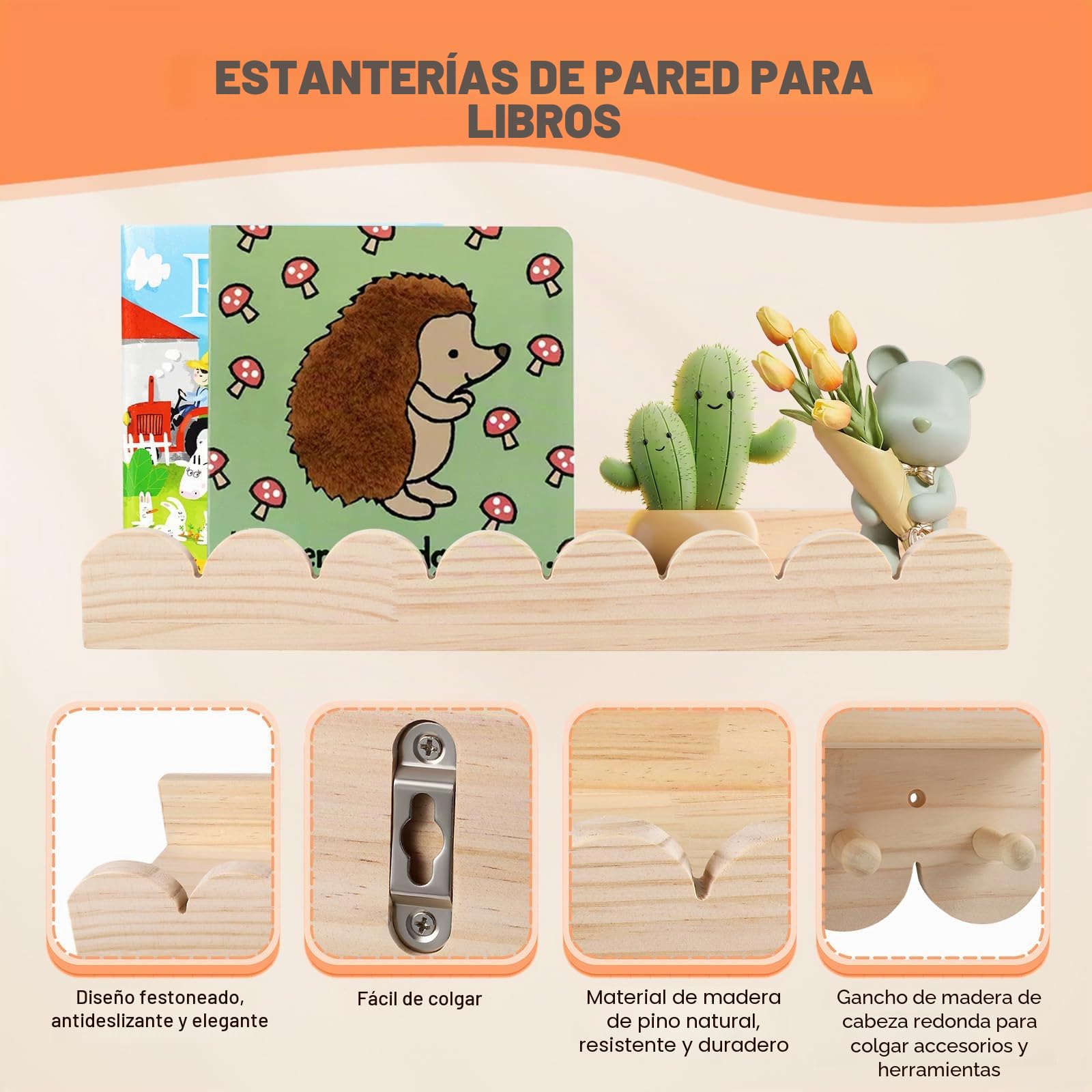 Montessori - Juego de 3 estanterías de pared para niños (40 cm, madera, con ganchos de madera, para sala de juegos, dormitorio, salón, etc.)